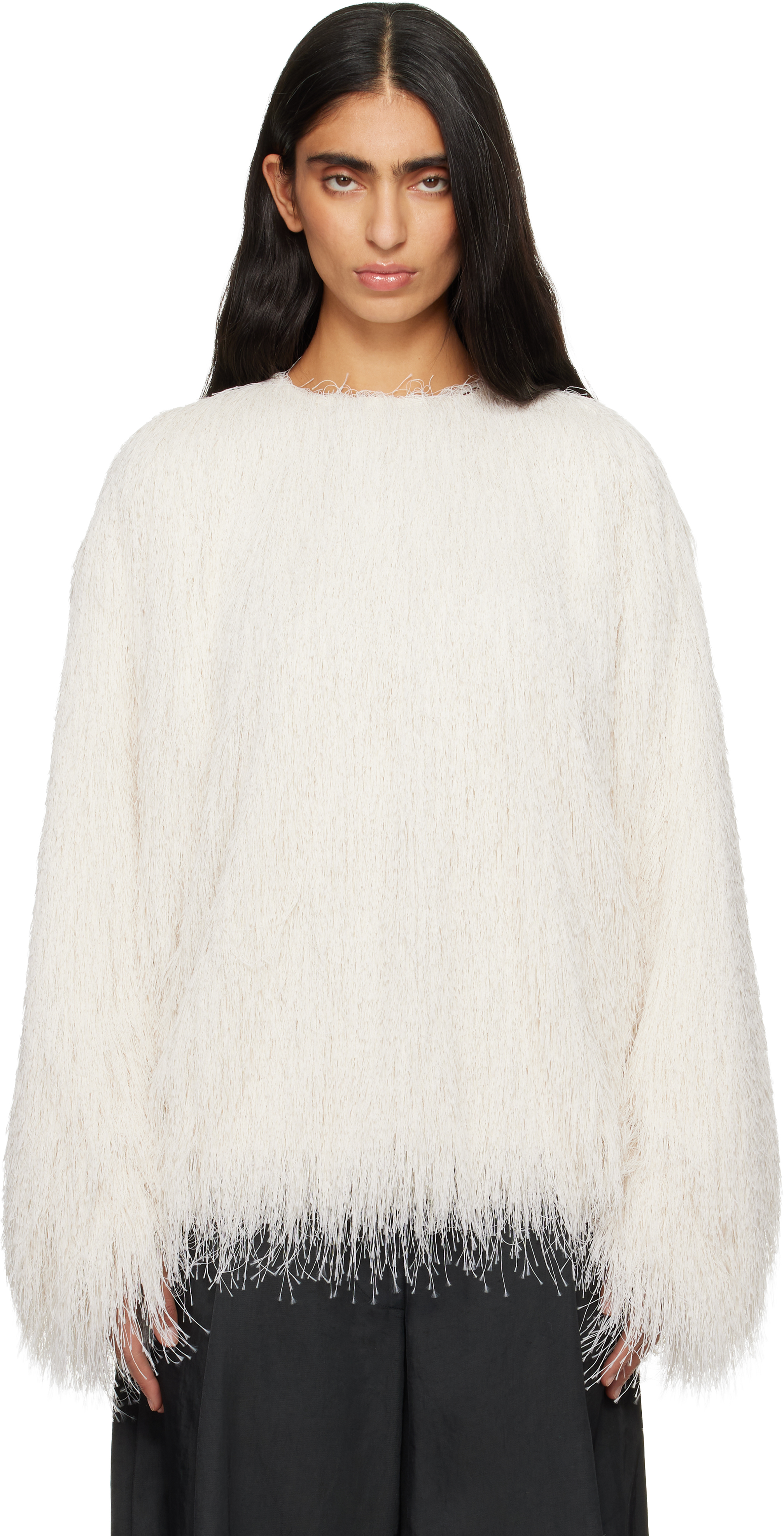 Dries Van Noten Off-white Fringed Cocoon Sweater In White