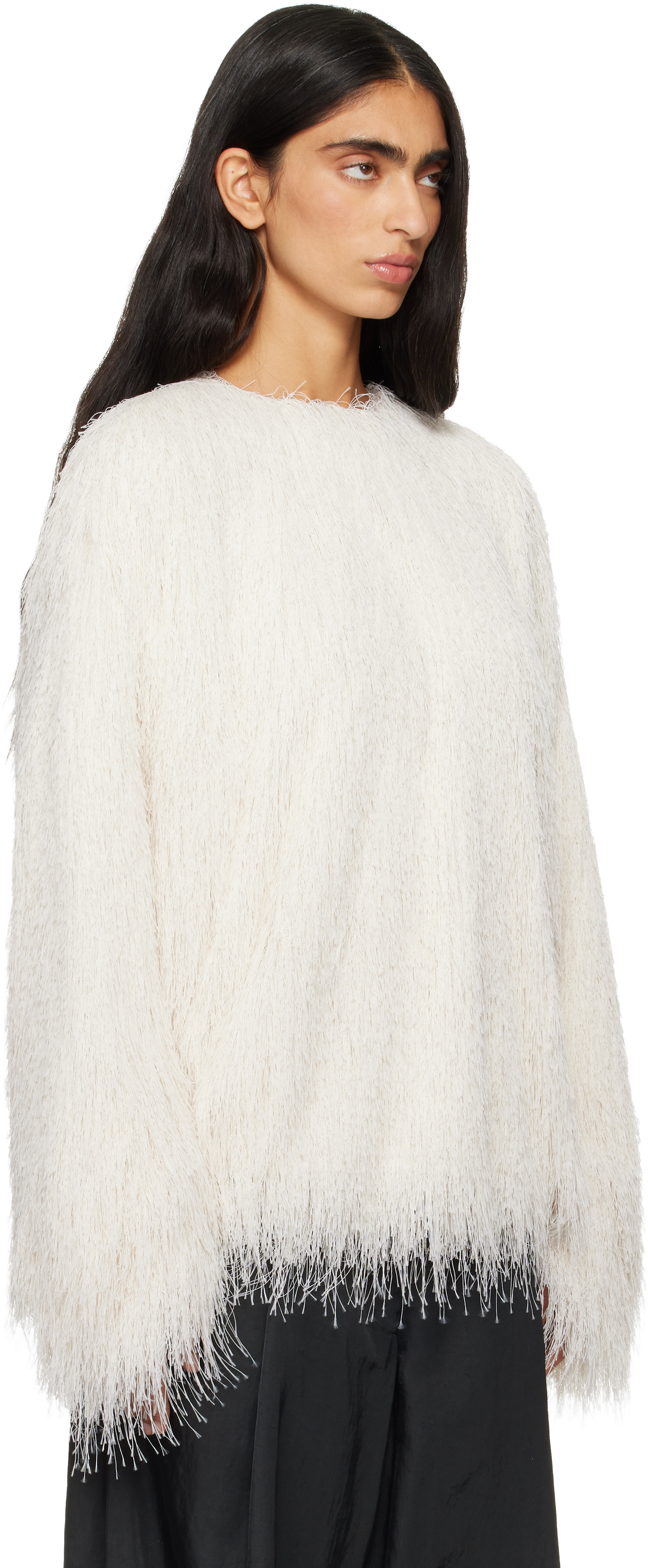 Dries Van Noten Off-white Fringed Cocoon Sweater In White