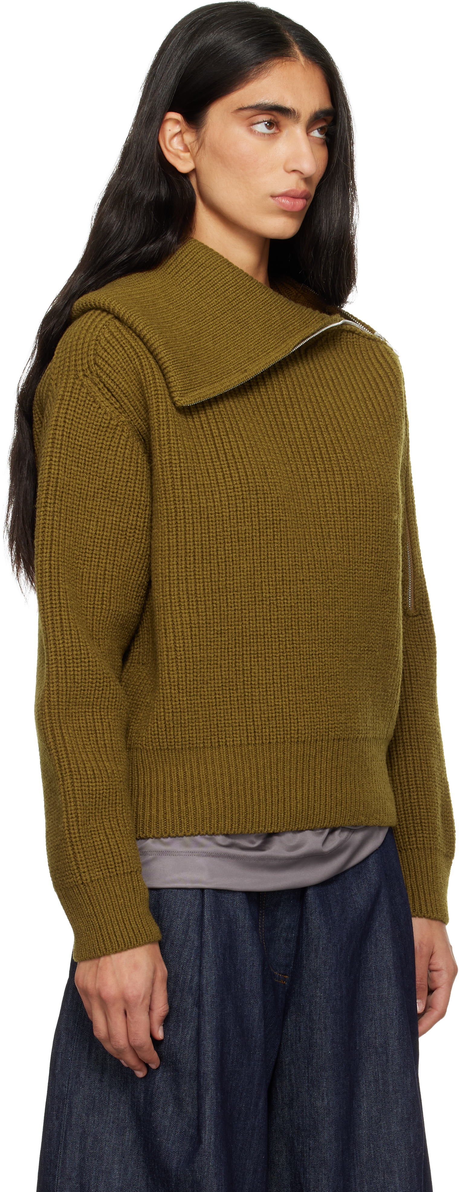 Dries Van Noten Khaki Zipped Wool Turtleneck
