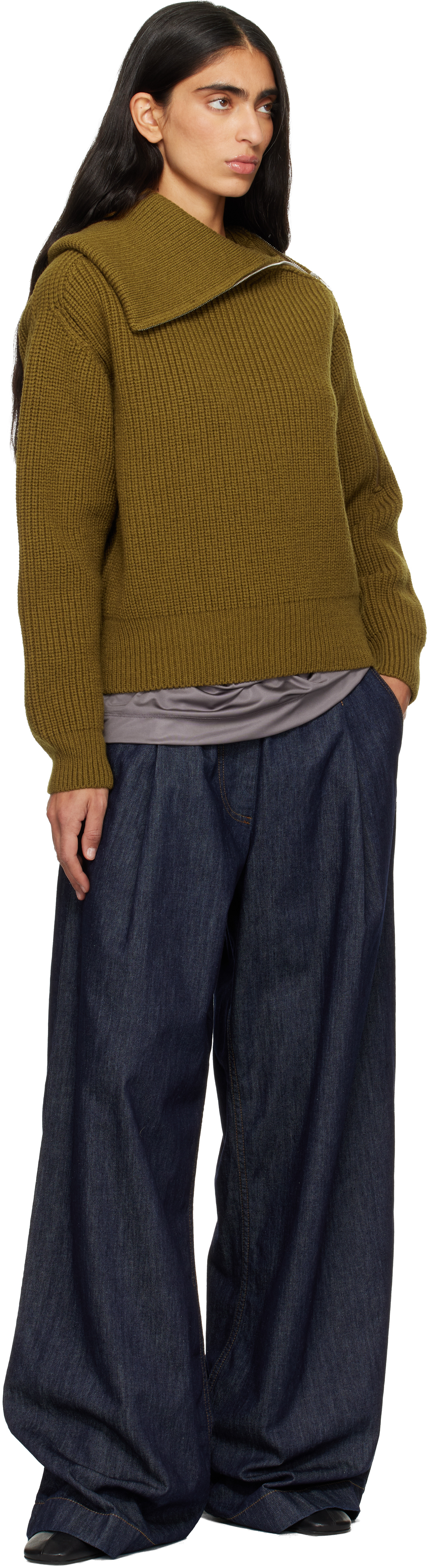 Dries Van Noten Khaki Zipped Wool Turtleneck