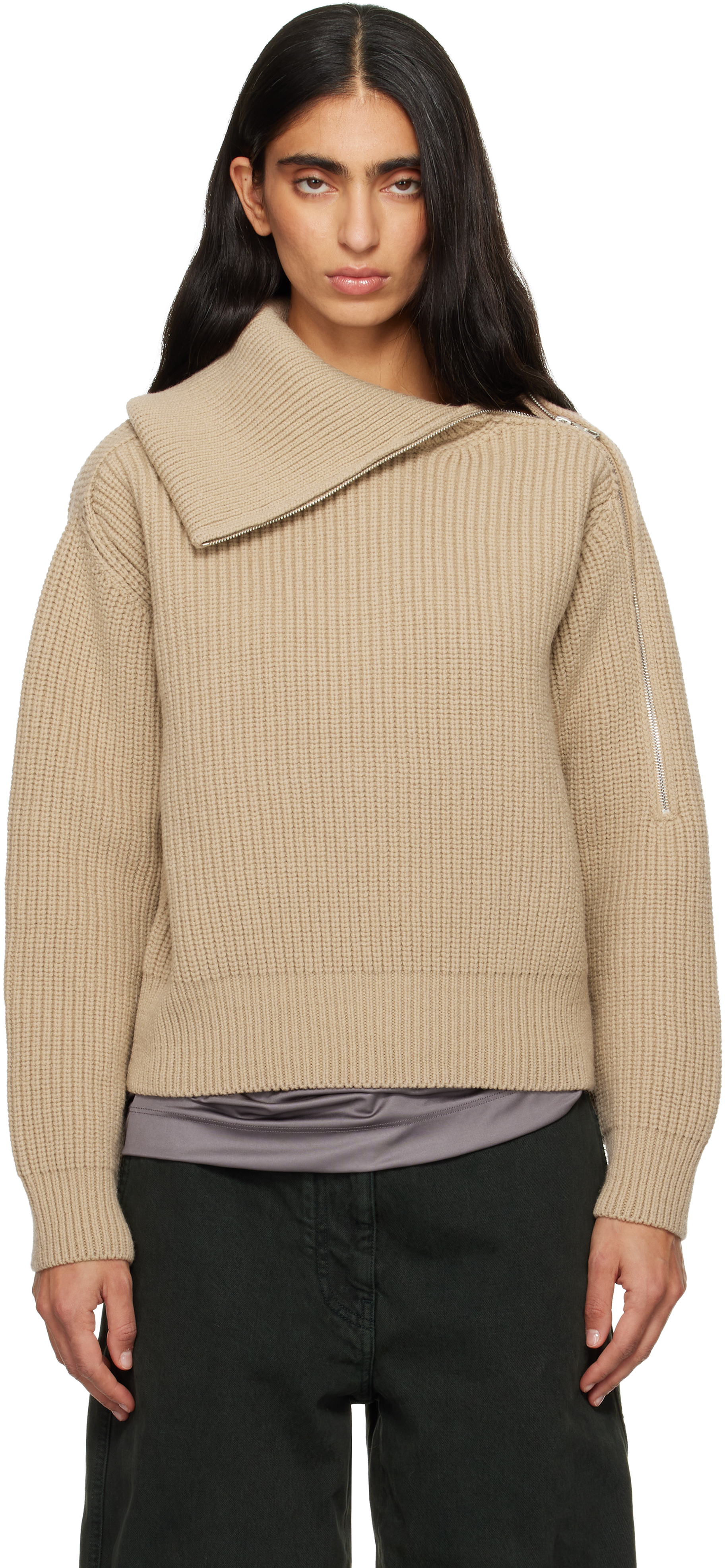 Dries Van Noten Beige Zipped Wool Turtleneck In Brown