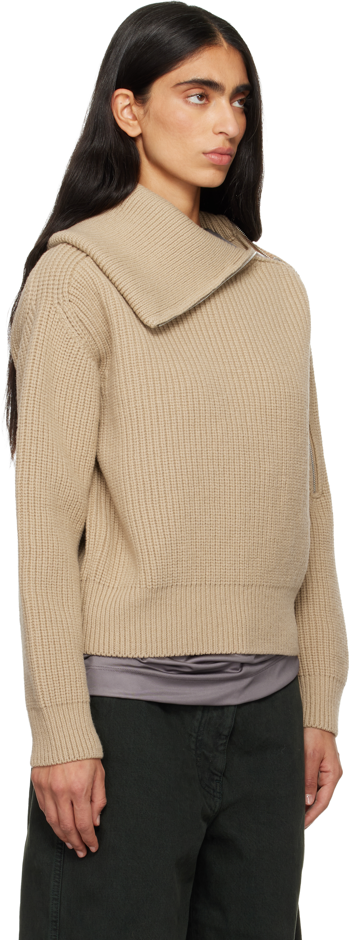 Dries Van Noten Beige Zipped Wool Turtleneck In Brown