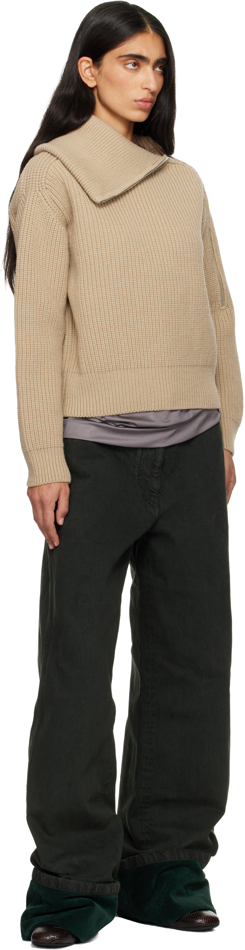 Dries Van Noten Beige Zipped Wool Turtleneck In Brown