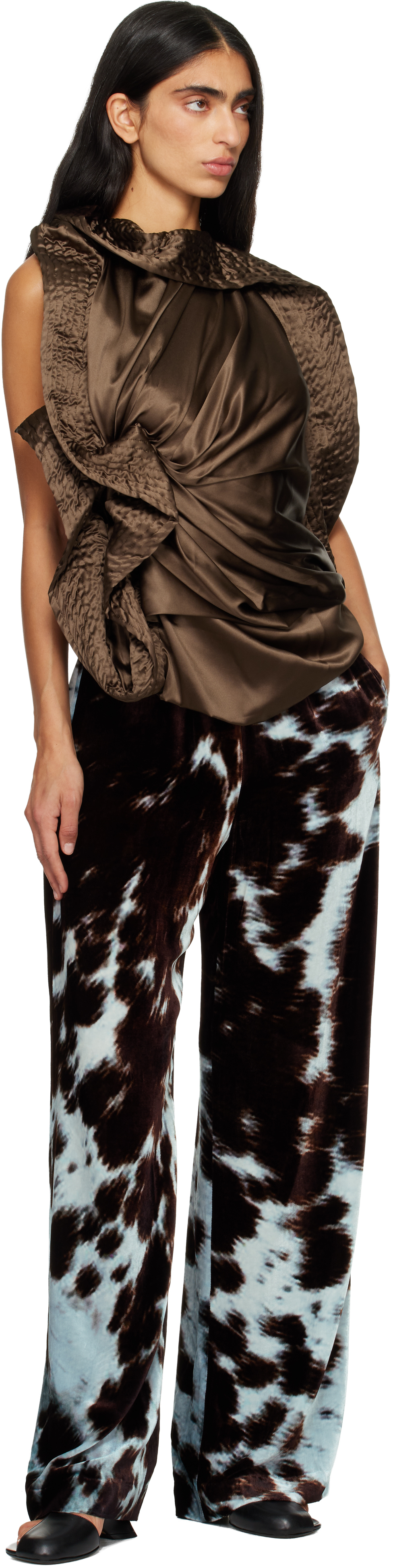 Dries Van Noten Asymmetric Draped Silk-blend Satin Top In Brown