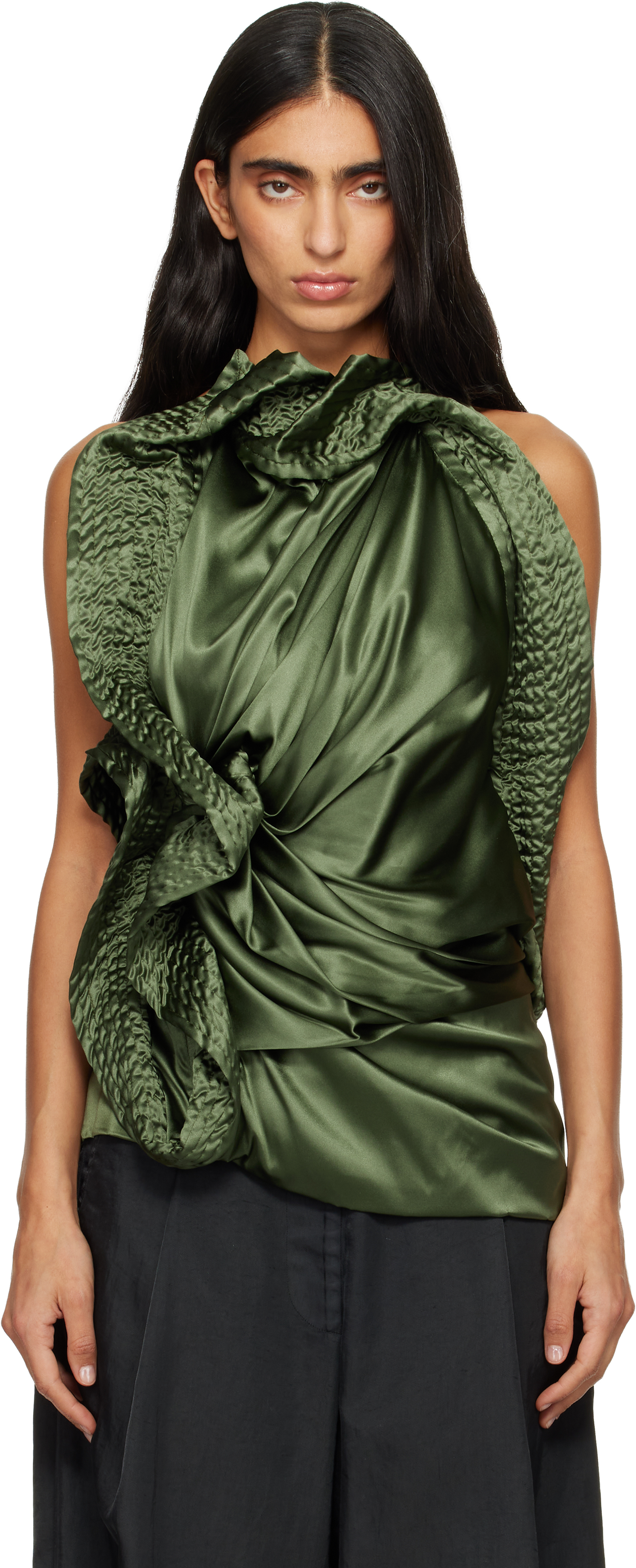 Dries Van Noten Green Draped Silk Blouse