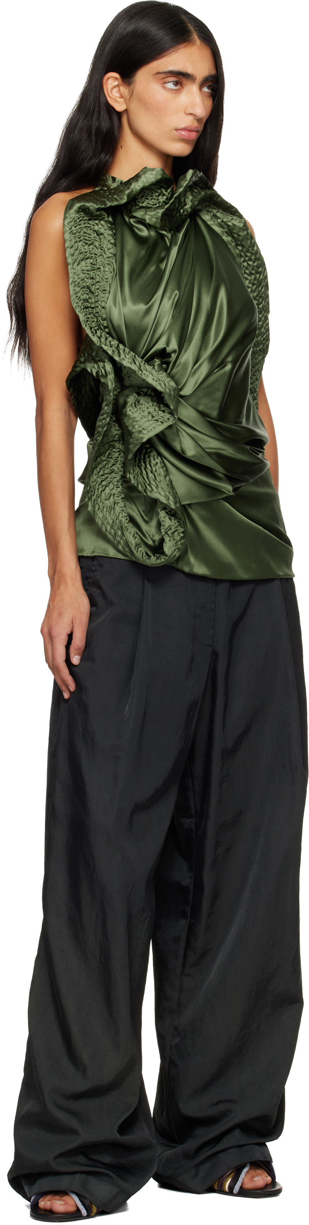 Dries Van Noten Green Draped Silk Blouse