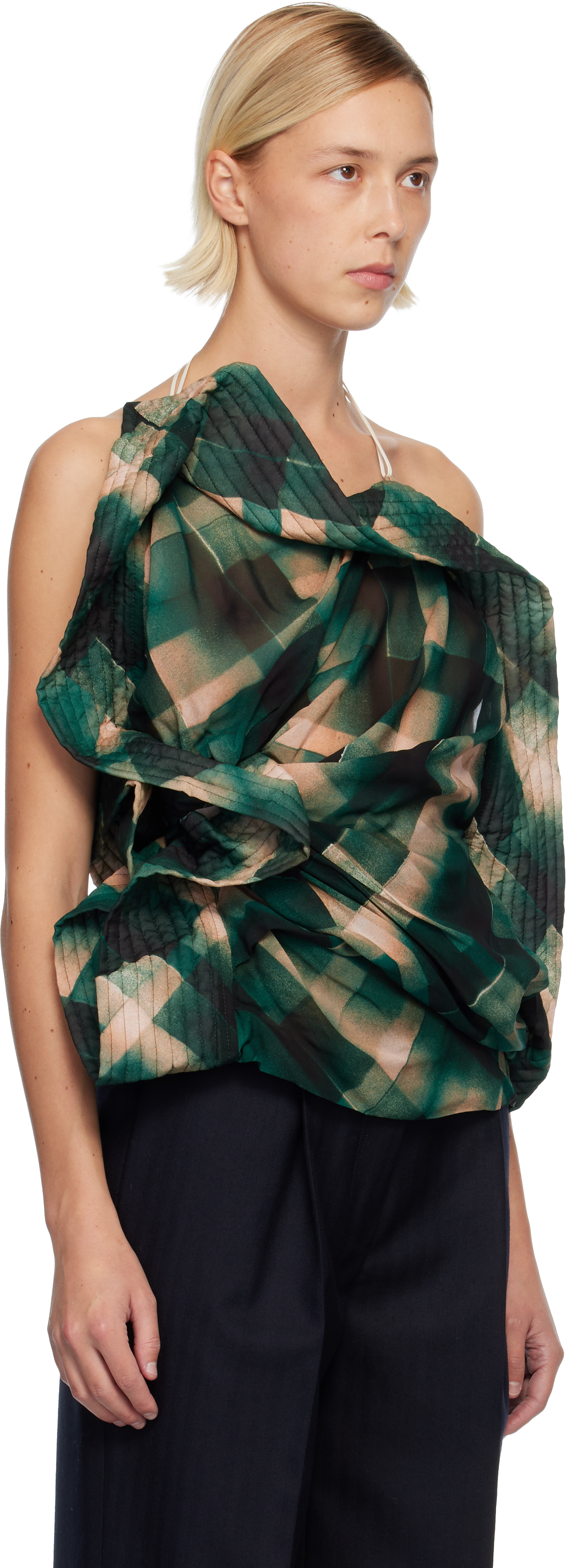 Dries Van Noten Green & Beige Draped Viscose Blouse