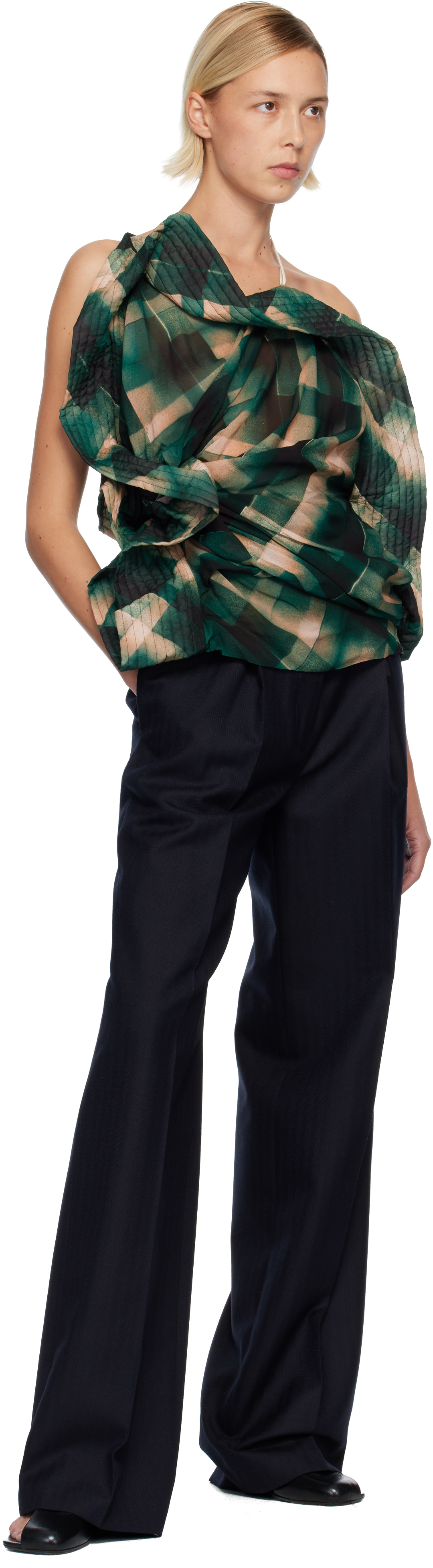 Dries Van Noten Green & Beige Draped Viscose Blouse