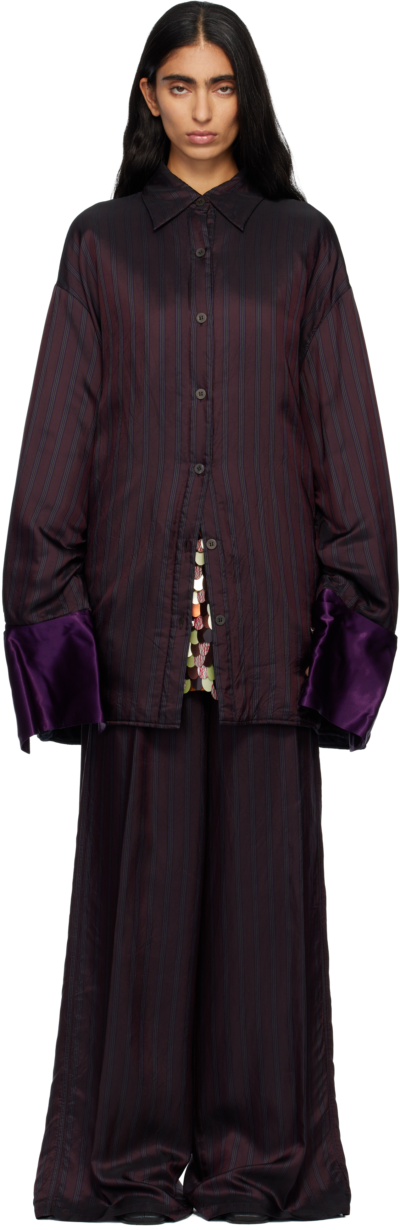 Dries Van Noten Burgundy Oversized Striped Overshirt In Burgundy