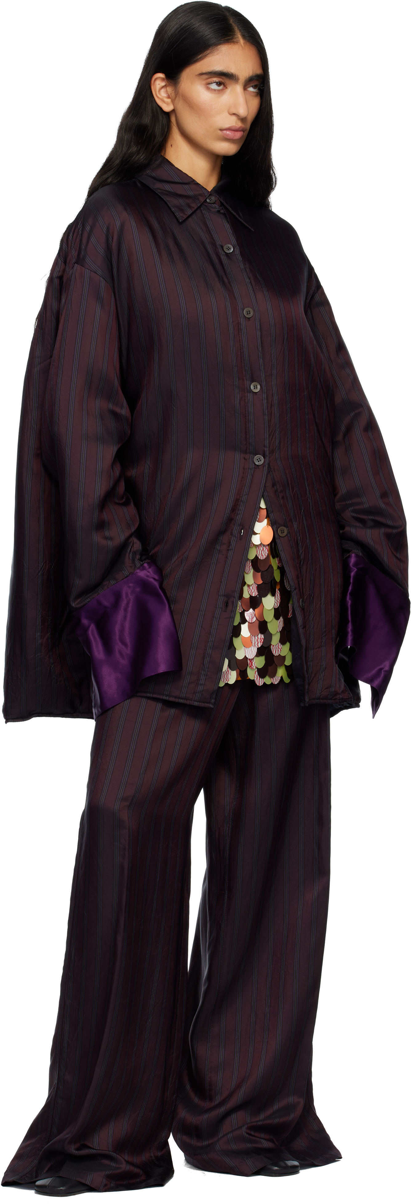 Dries Van Noten Burgundy Oversized Striped Overshirt In Burgundy