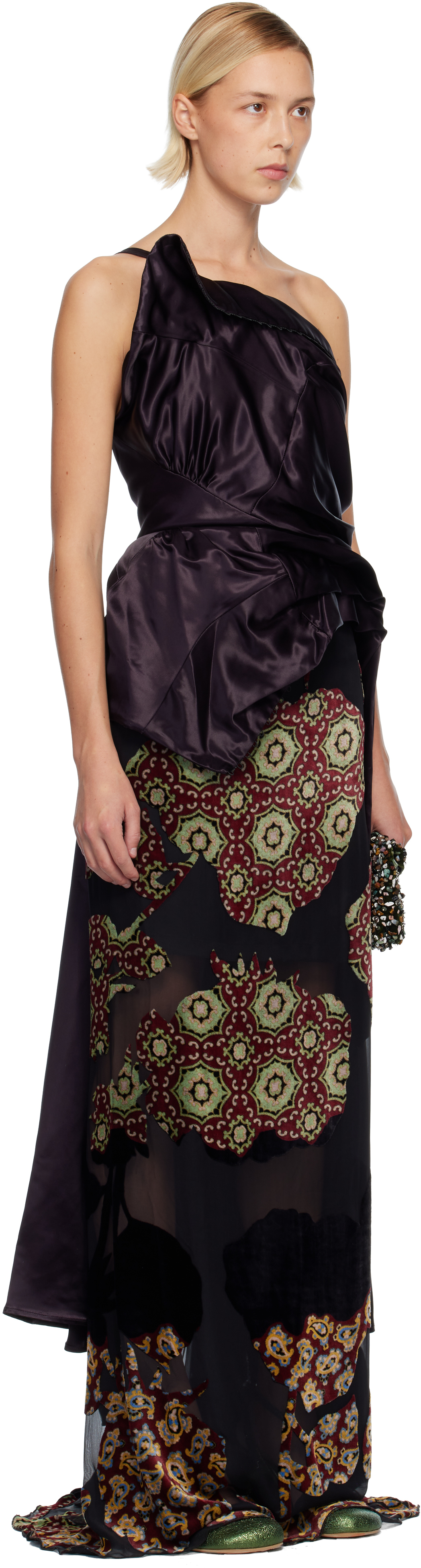 Dries Van Noten Purple Draped Satin Top In Black