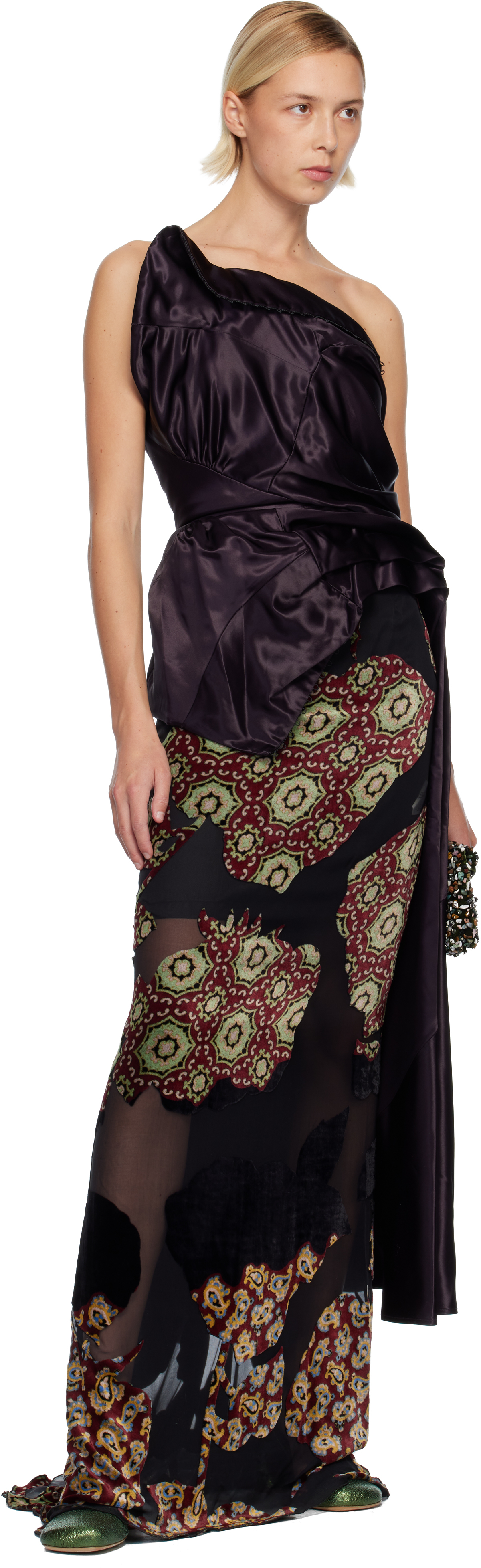 Dries Van Noten Purple Draped Satin Top In Black