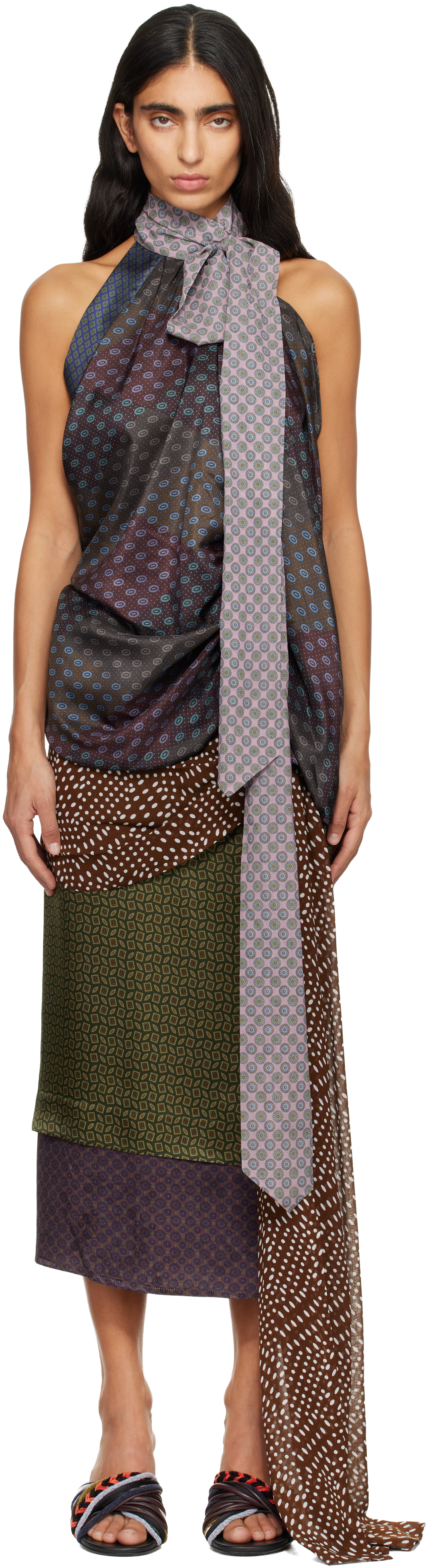 Dries Van Noten Multicolor Silk Halterneck Top In Burgundy