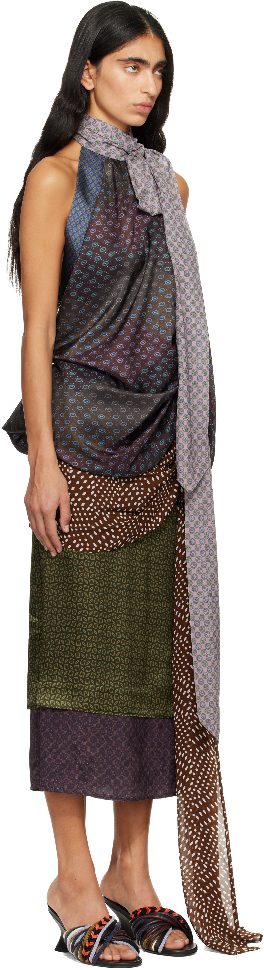 Dries Van Noten Multicolor Silk Halterneck Top In Burgundy