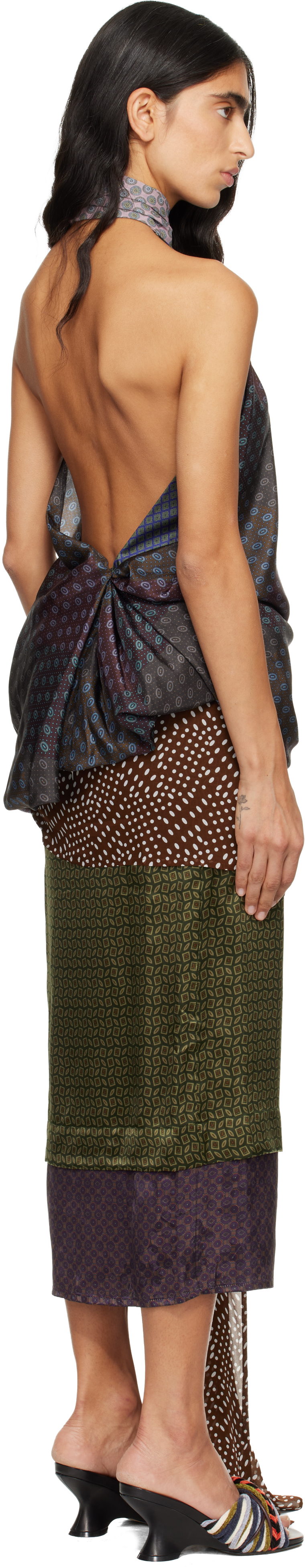 Dries Van Noten Multicolor Silk Halterneck Top In Burgundy