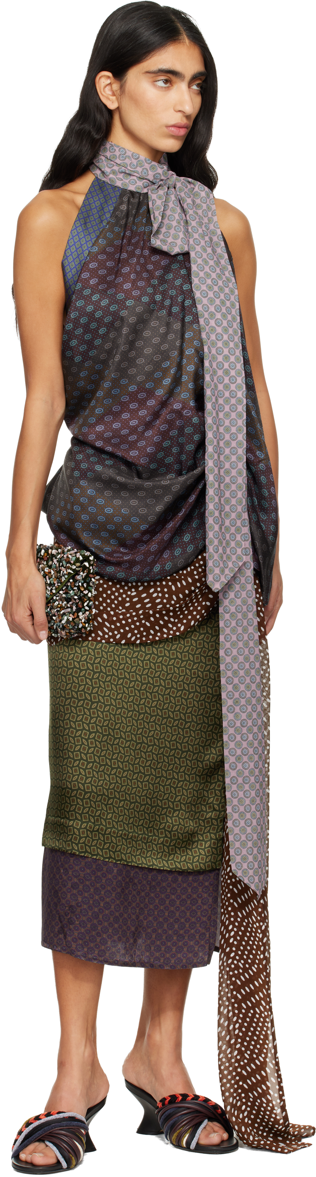 Dries Van Noten Multicolor Silk Halterneck Top In Burgundy