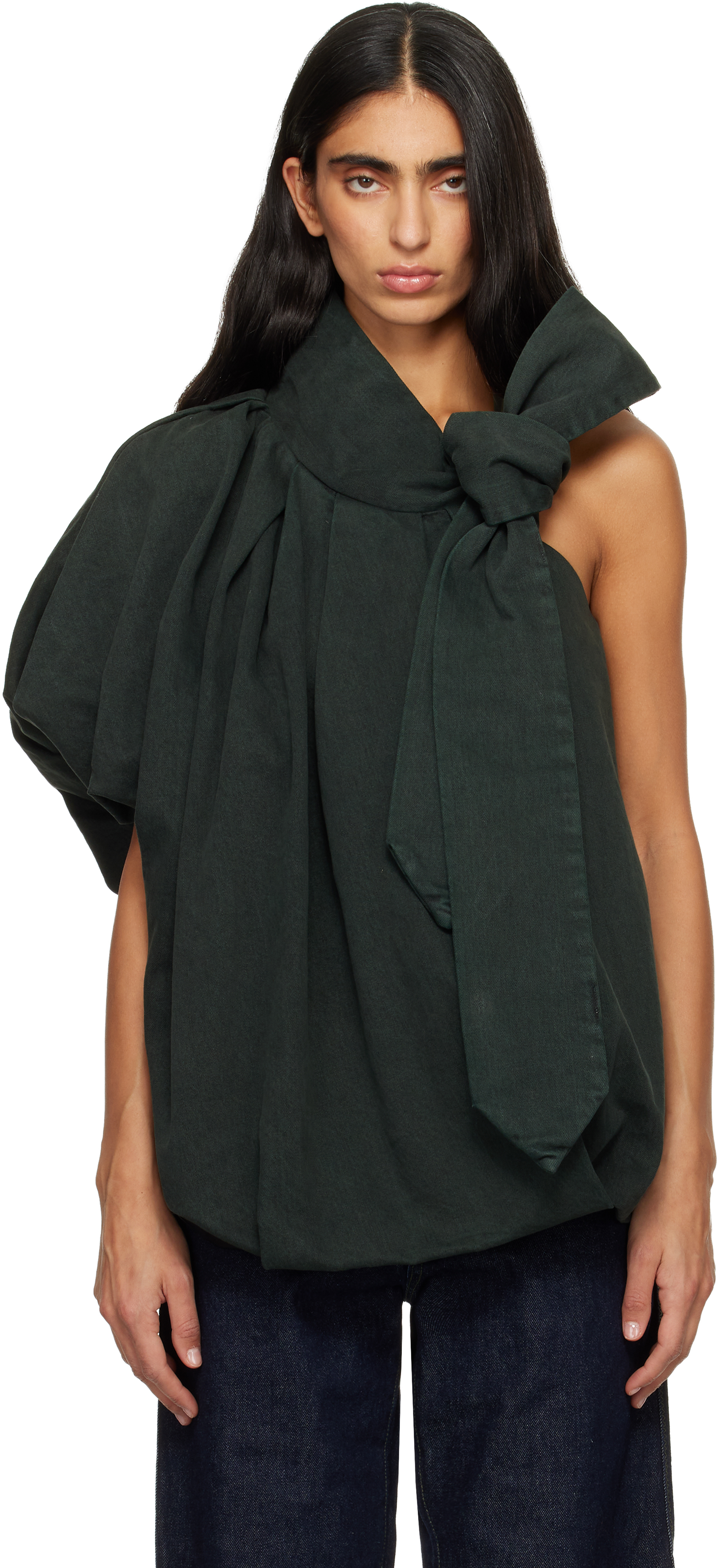 Green Draped Denim Top by Dries Van Noten on Sale