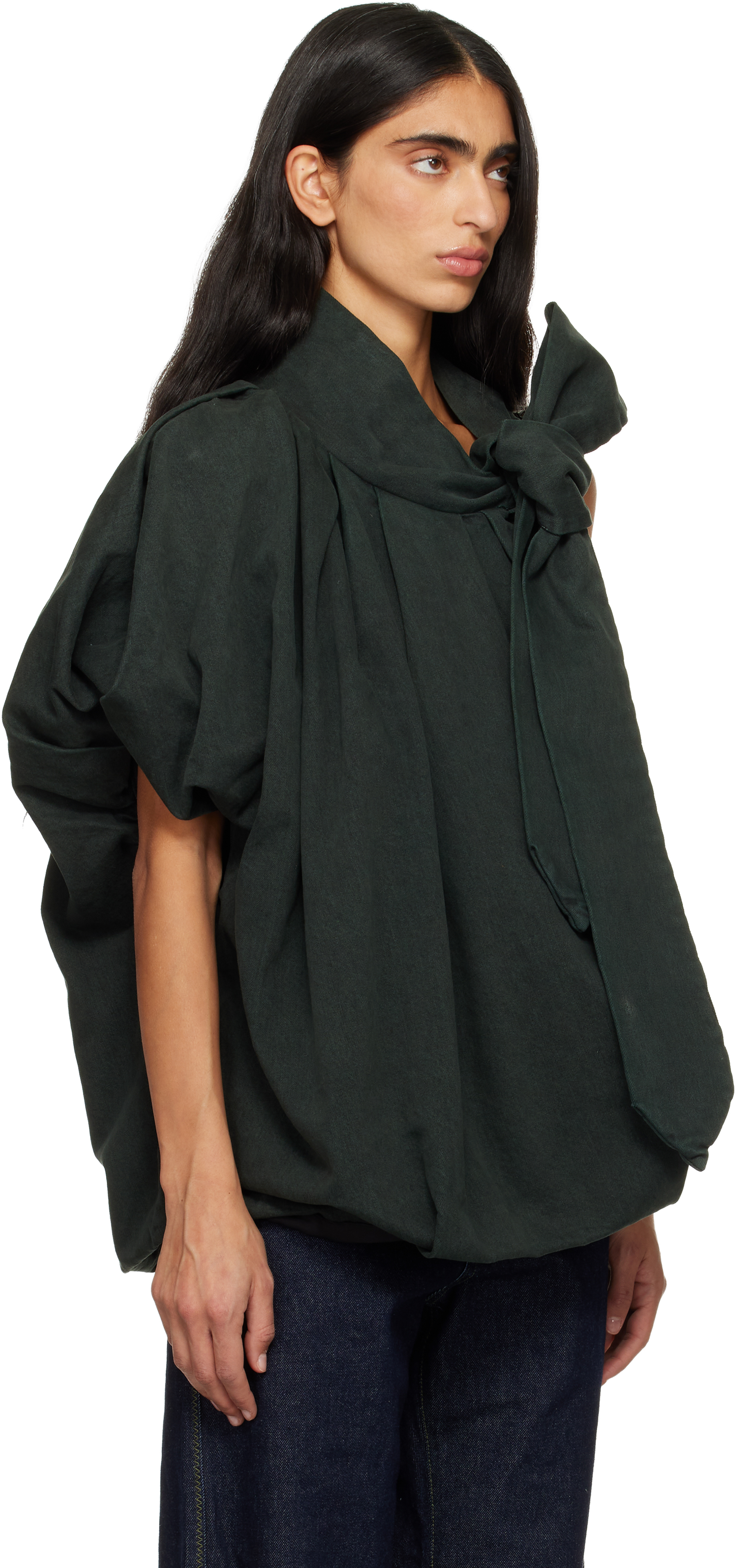 Dries Van Noten Green Draped Denim Top In Animal Print