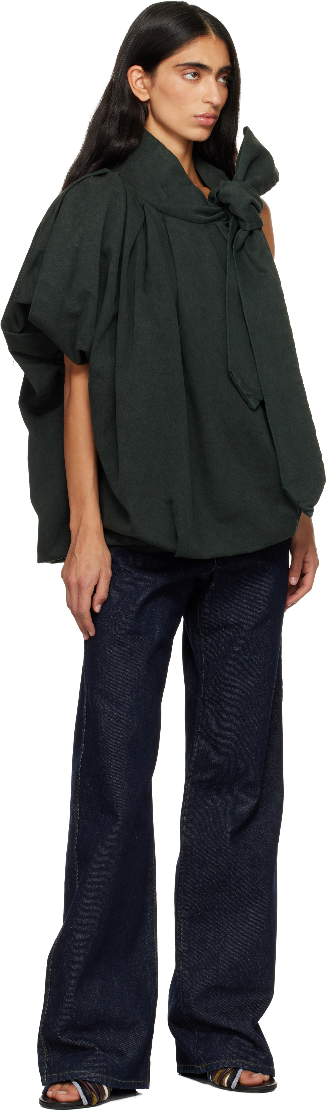 Dries Van Noten Green Draped Denim Top In Animal Print