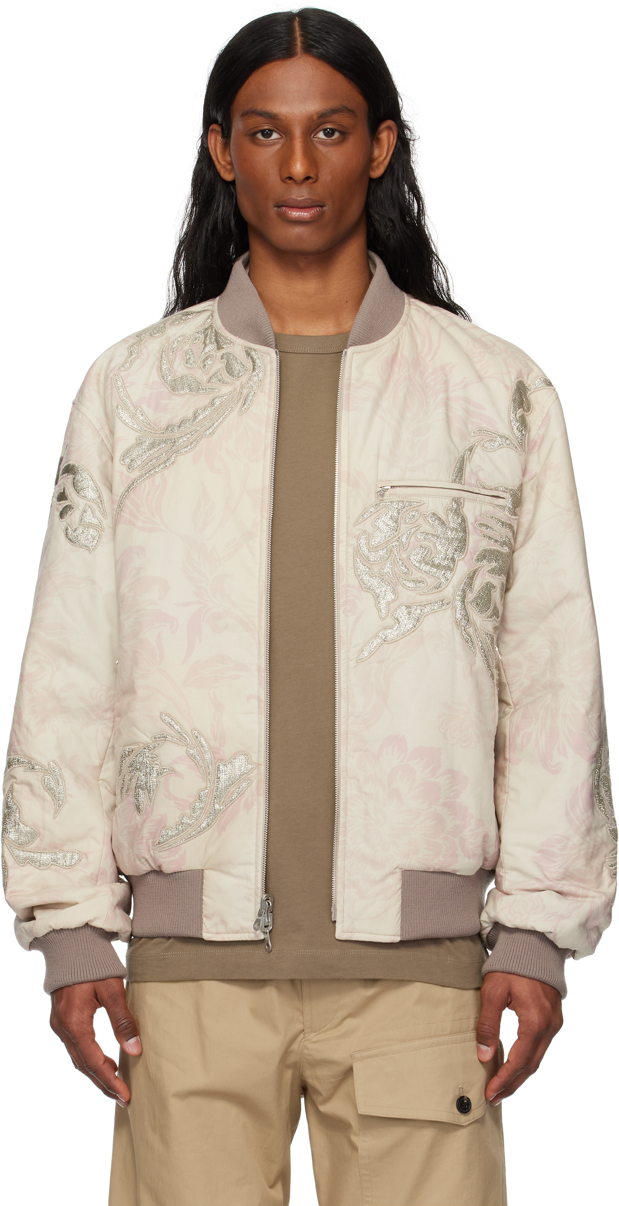 Off-White & Pink Floral Reversible Bomber Jacket