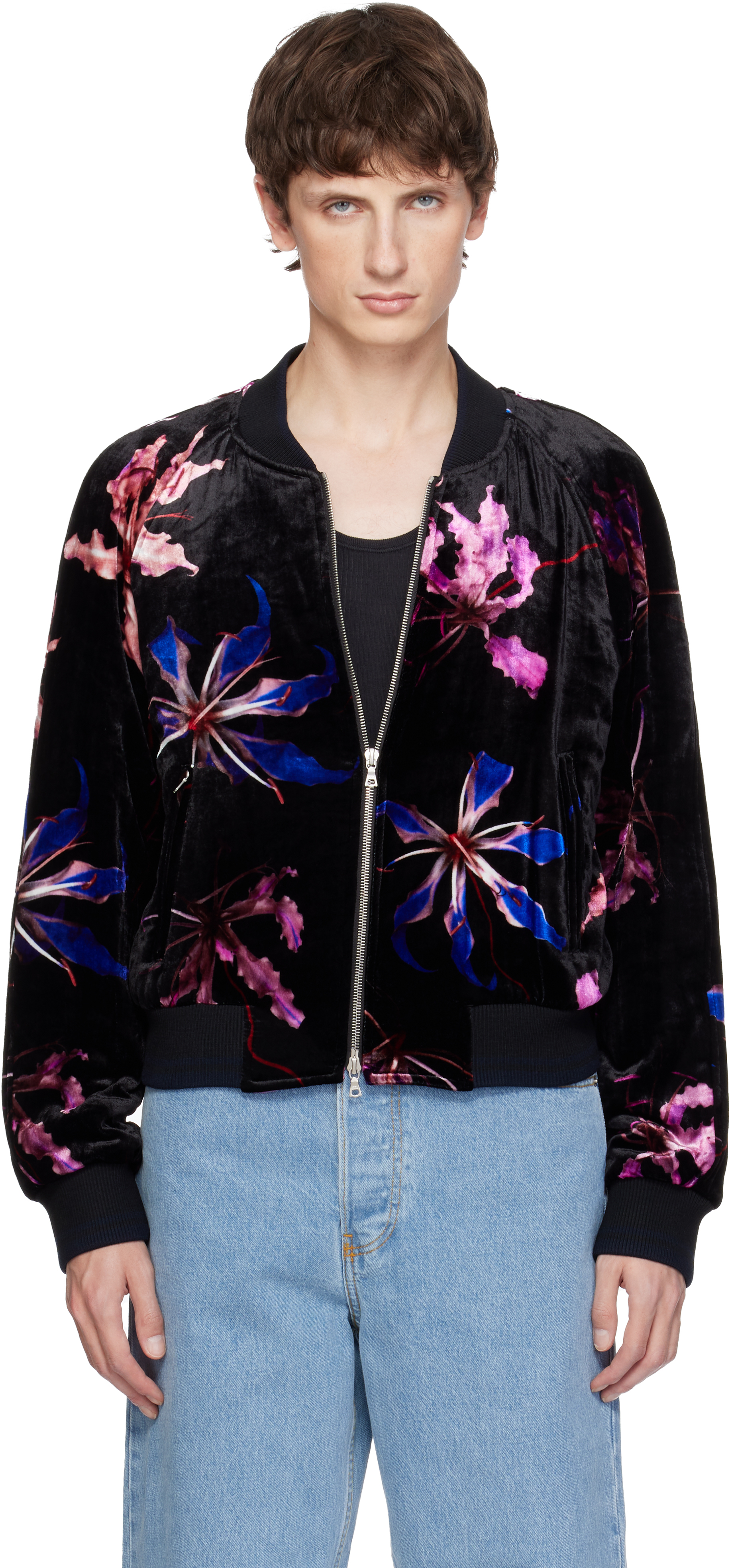 Dries Van Noten Black Velvet Bomber Jacket In Black