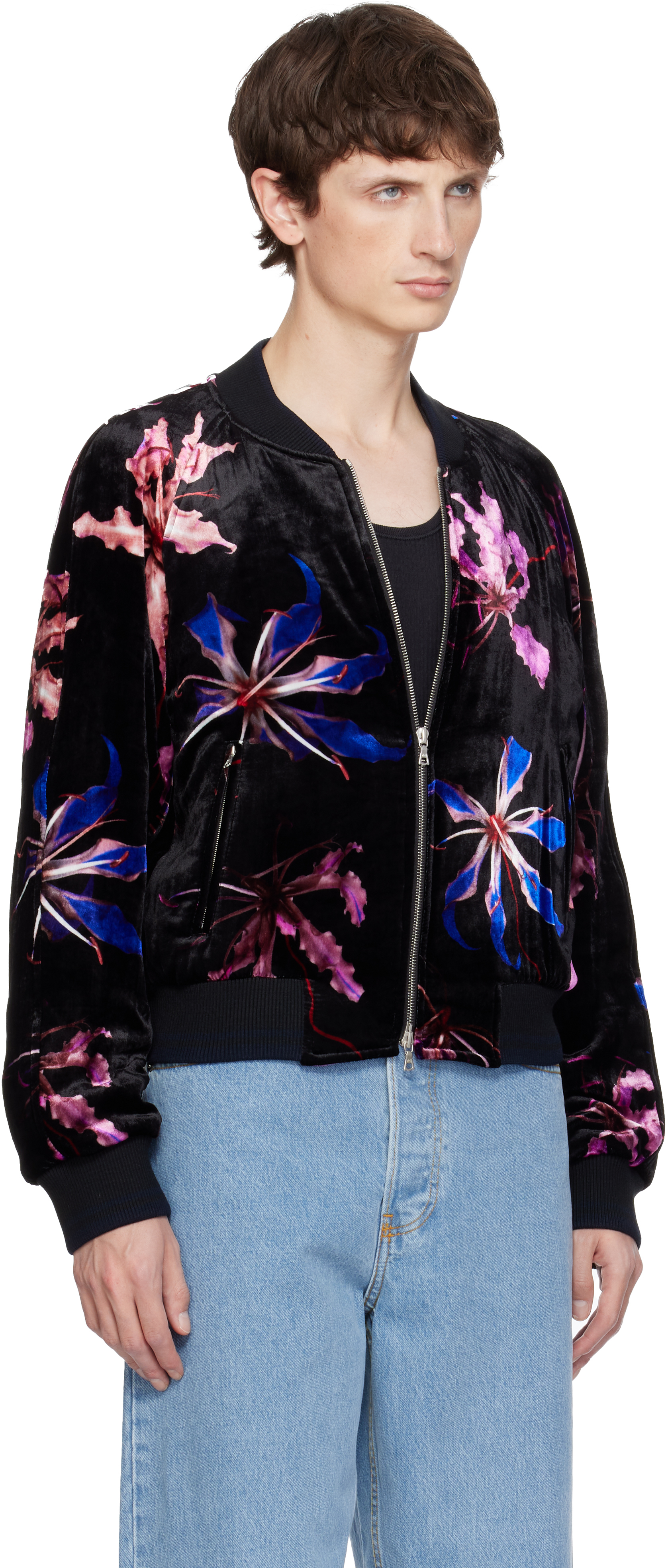 Dries Van Noten Black Velvet Bomber Jacket In Black