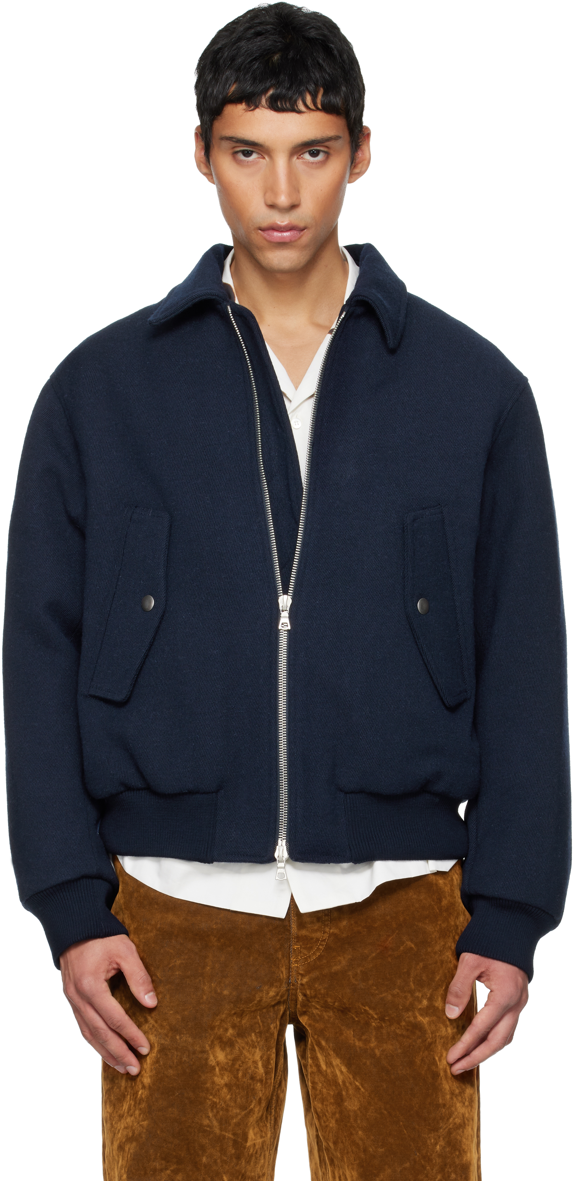 Dries Van Noten: Navy Zipper Bomber Jacket | SSENSE 대한민국
