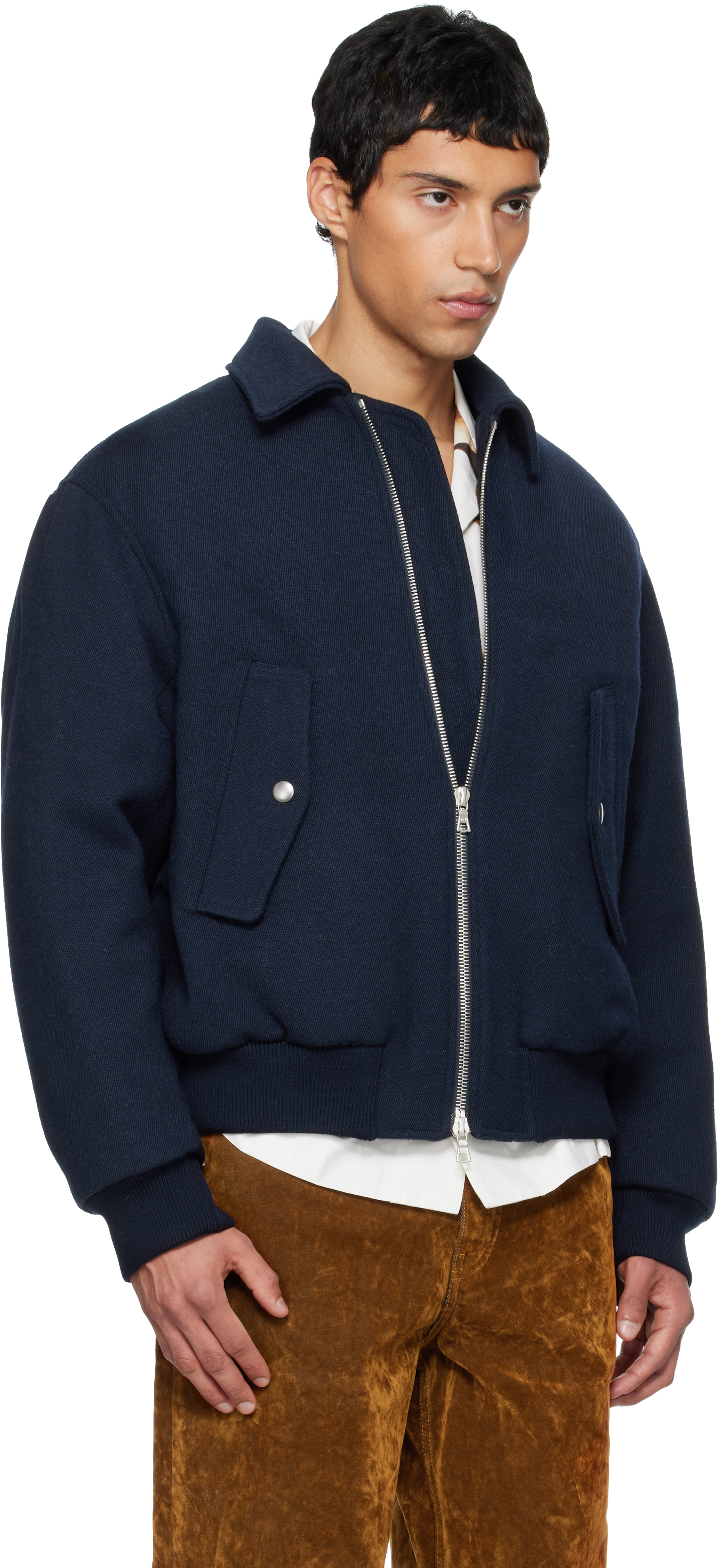 Dries Van Noten Navy Zipper Bomber Jacket In Blue