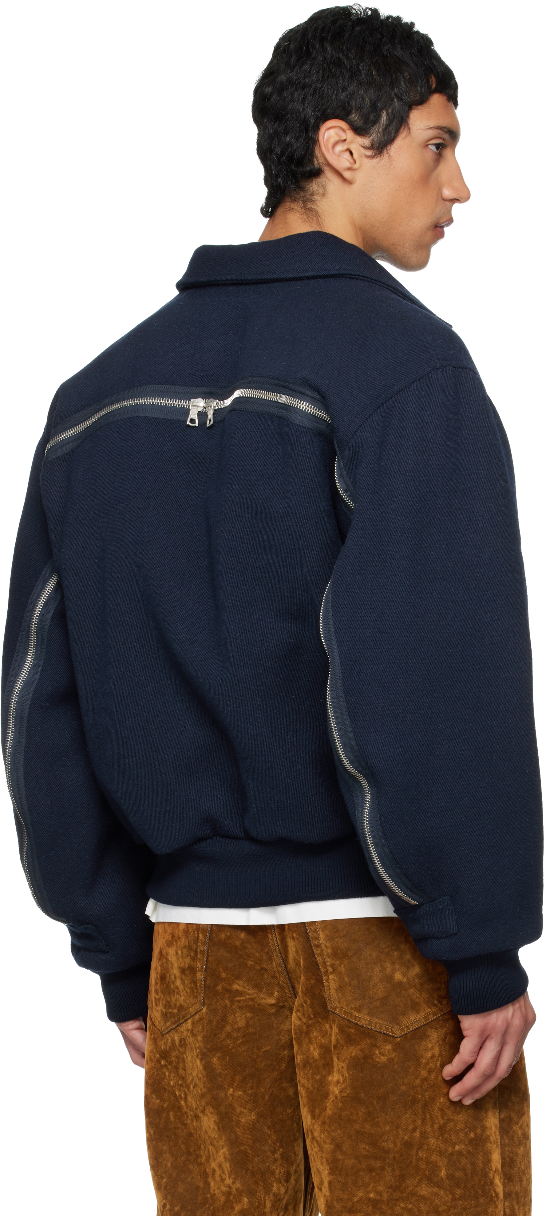 Dries Van Noten Navy Zipper Bomber Jacket In Blue