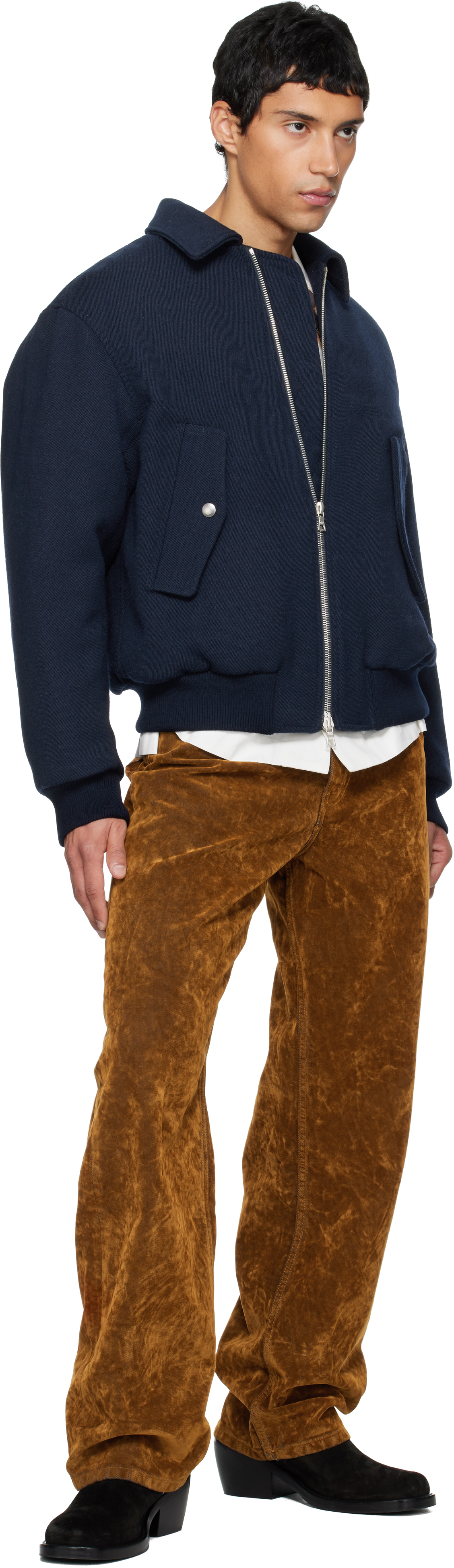 Dries Van Noten Navy Zipper Bomber Jacket In Blue