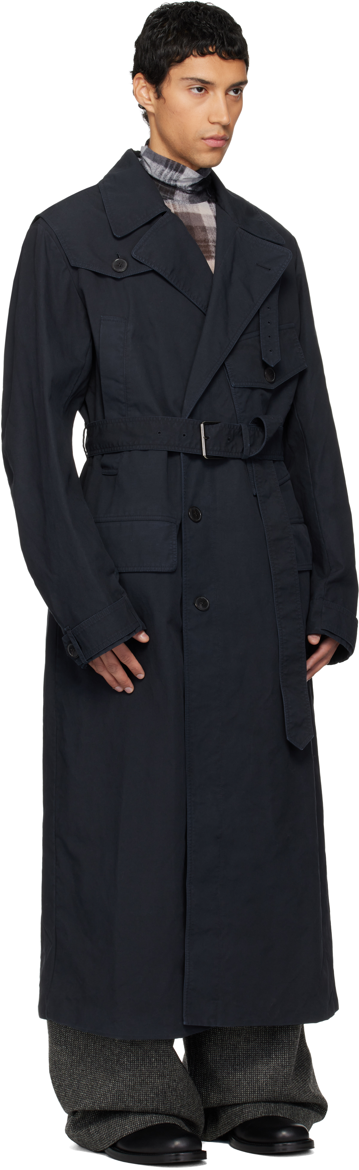 Dries Van Noten Navy Overdyed Trench Coat In Blue