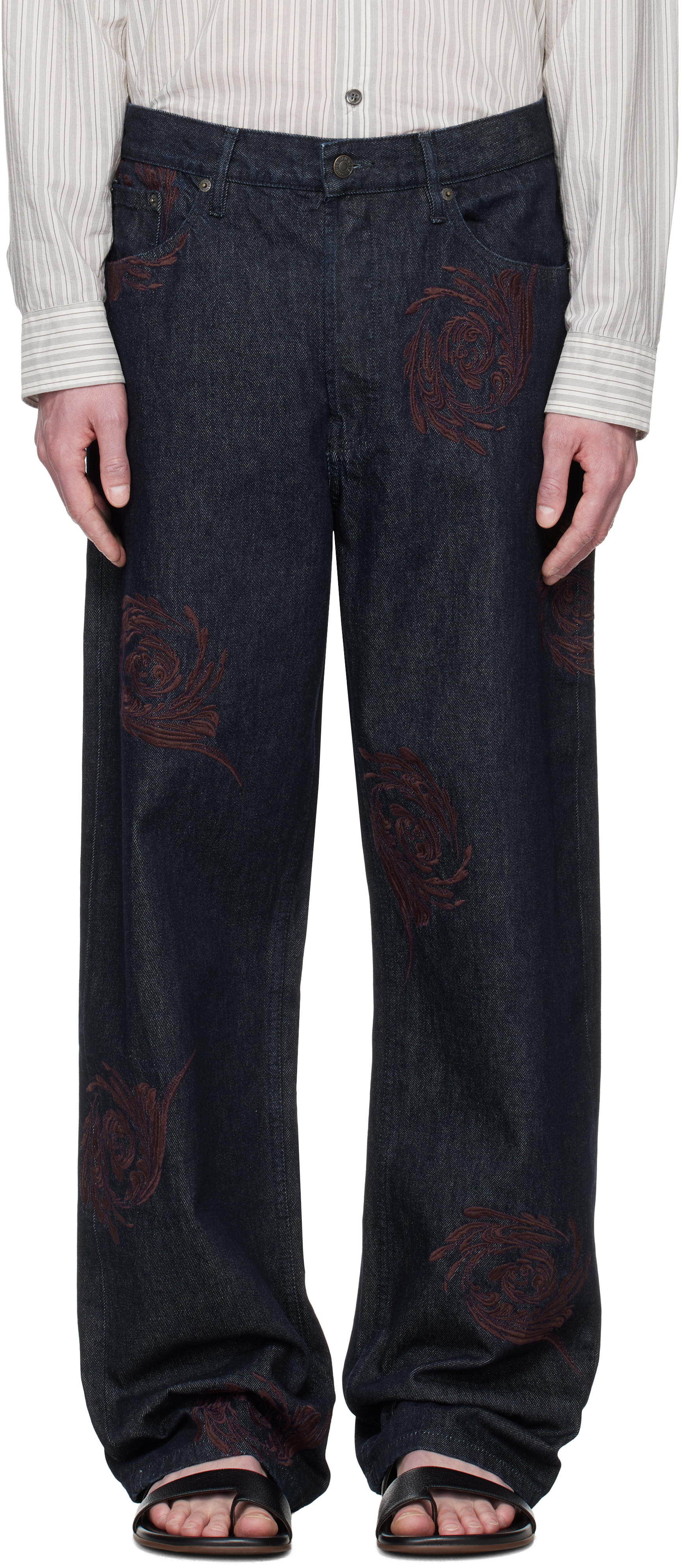 Navy Embroidered Pattern Jeans