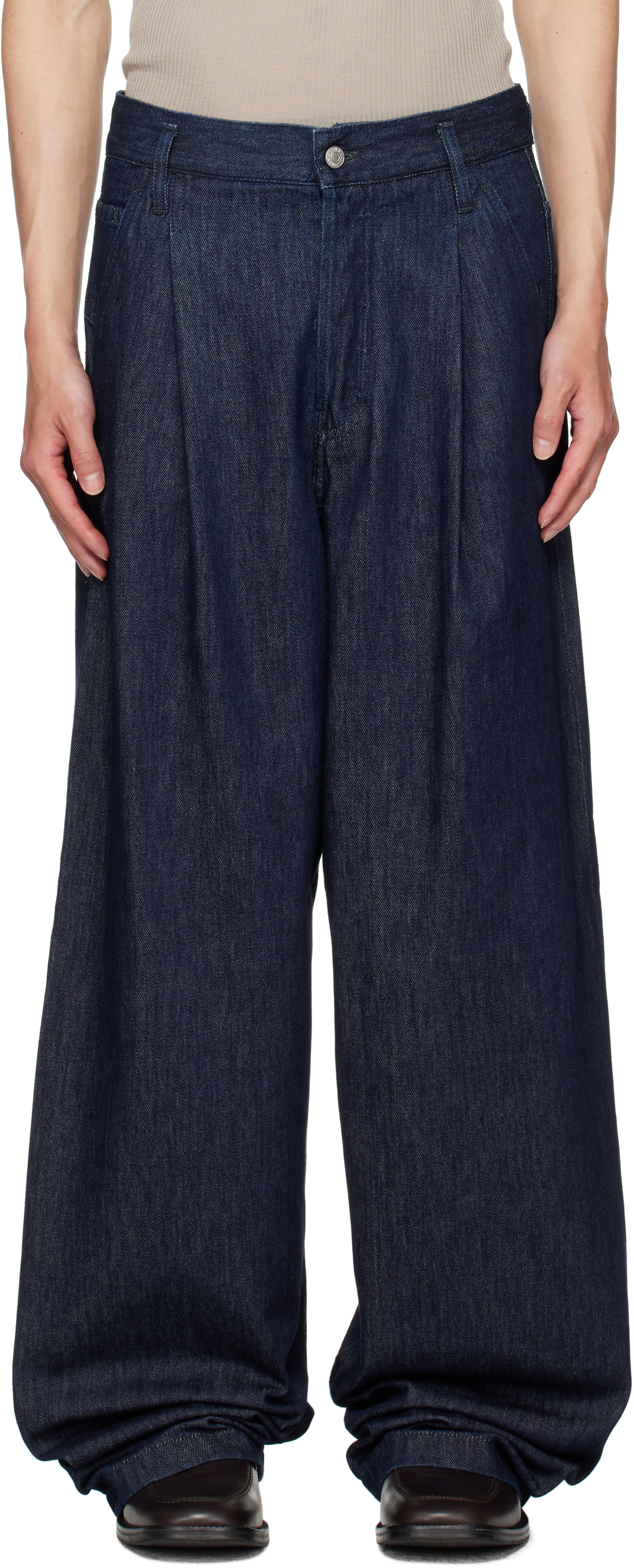 Navy Pleated Jeans by Dries Van Noten on Sale