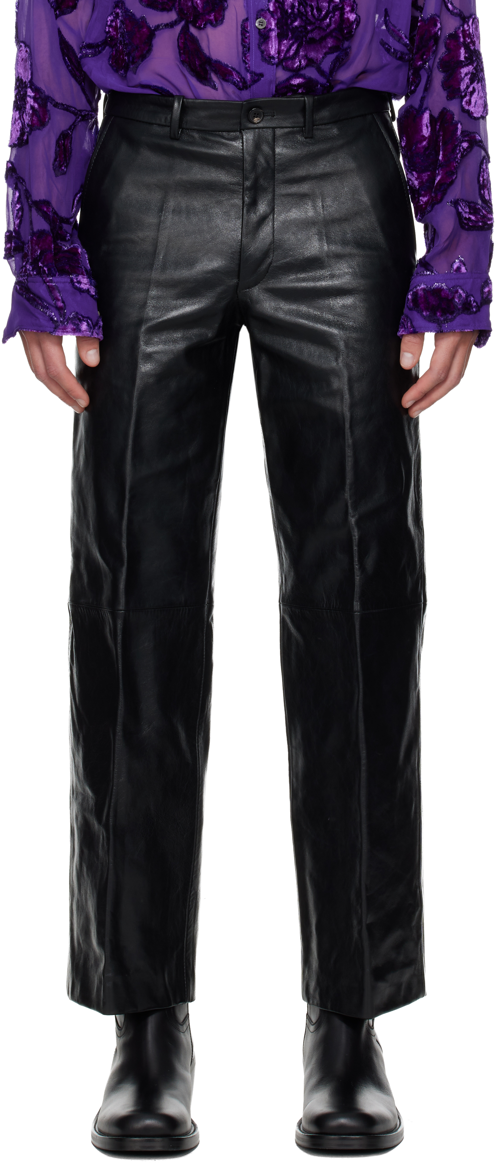 Dries Van Noten Black Cropped Leather Pants In Black