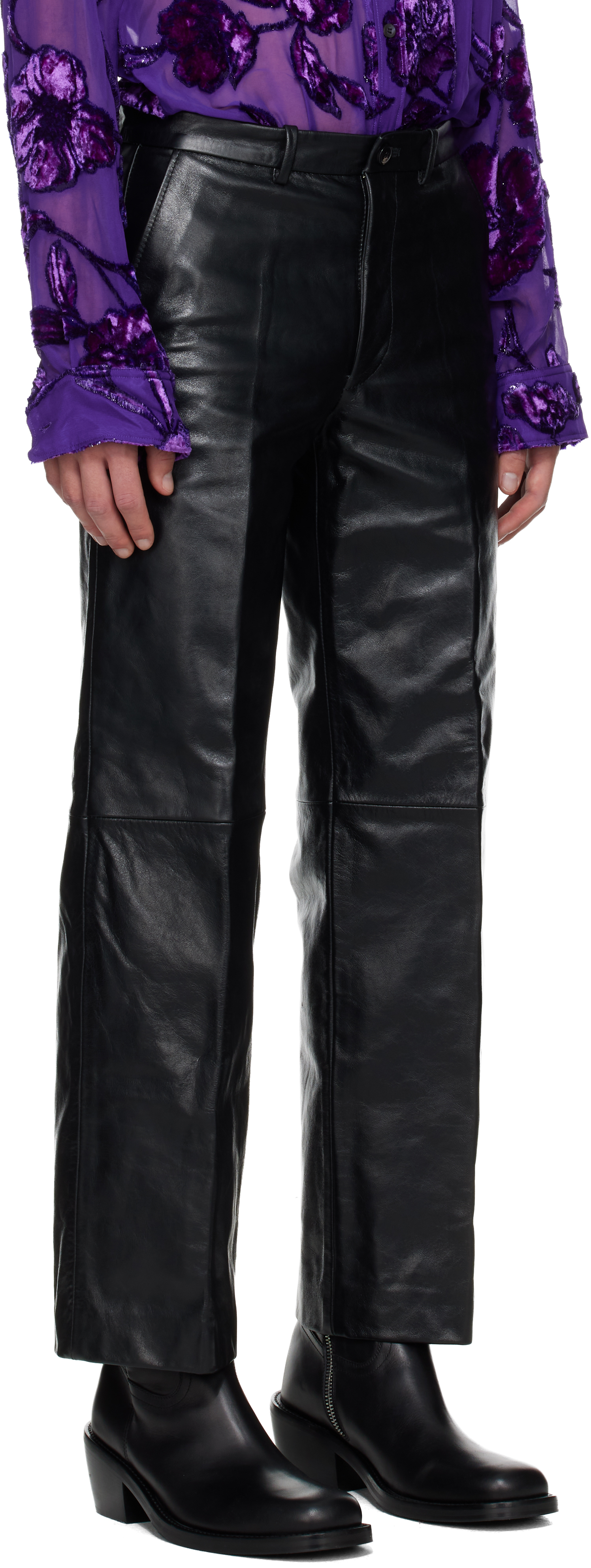 Dries Van Noten Black Cropped Leather Pants In Black