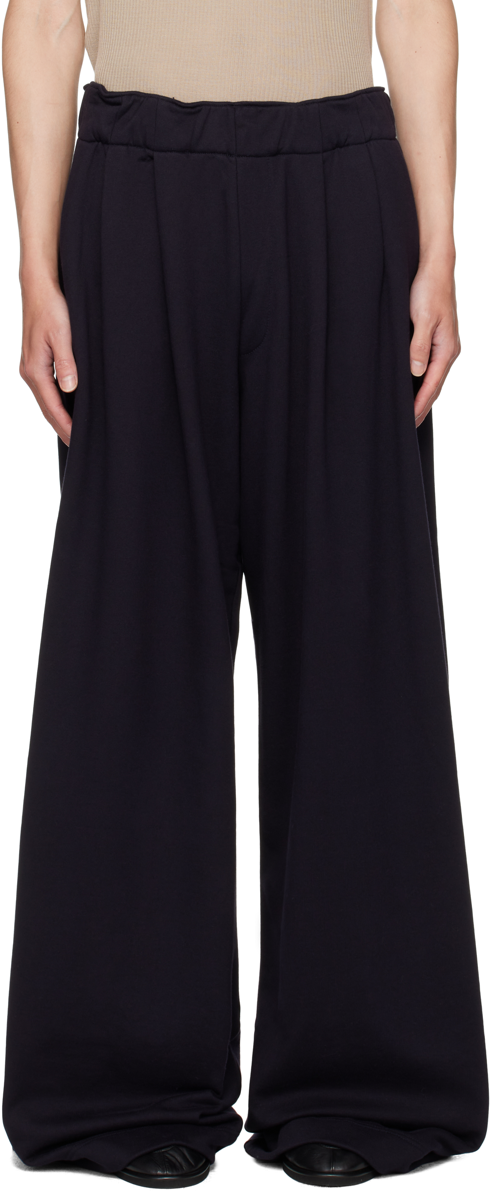 Dries Van Noten: Navy Pleated Sweatpants | SSENSE