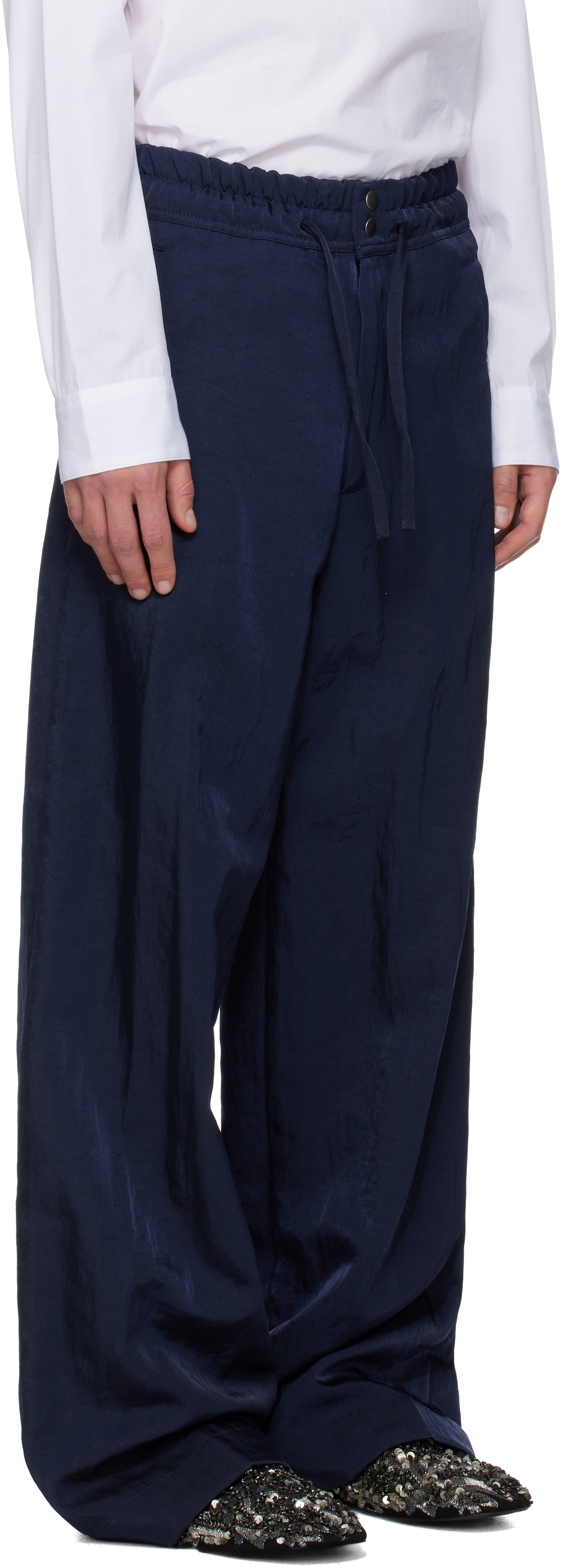 Dries Van Noten Navy Twill Trousers In Blue