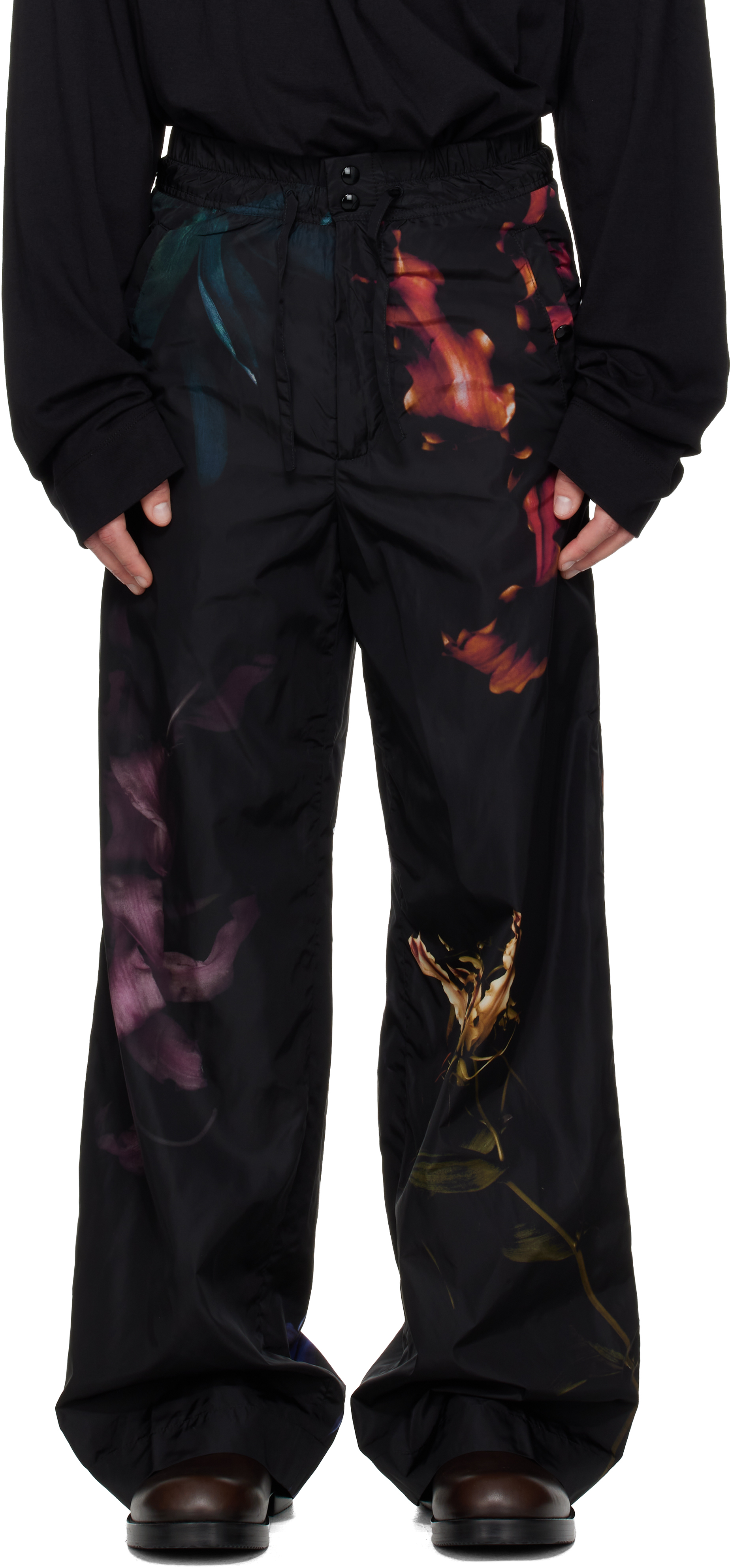 Black Floral Print Trousers by Dries Van Noten on Sale