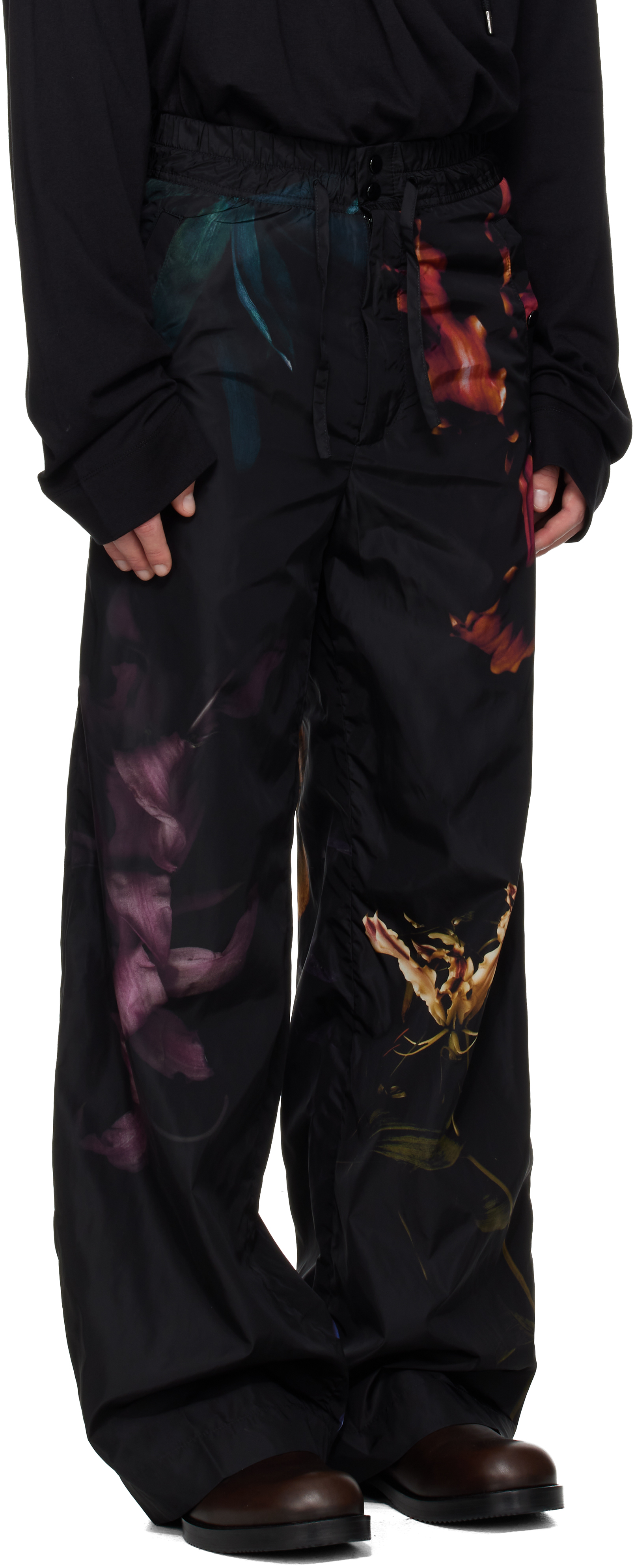 Dries Van Noten Black Floral Print Trousers In Black
