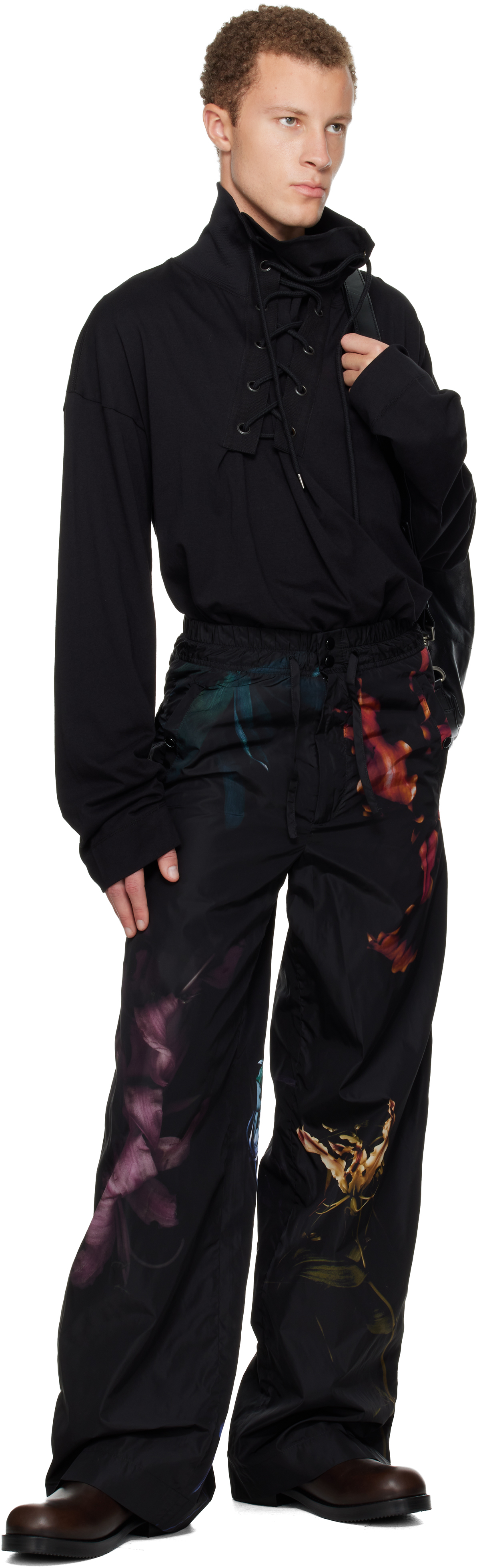 Dries Van Noten Black Floral Print Trousers In Black