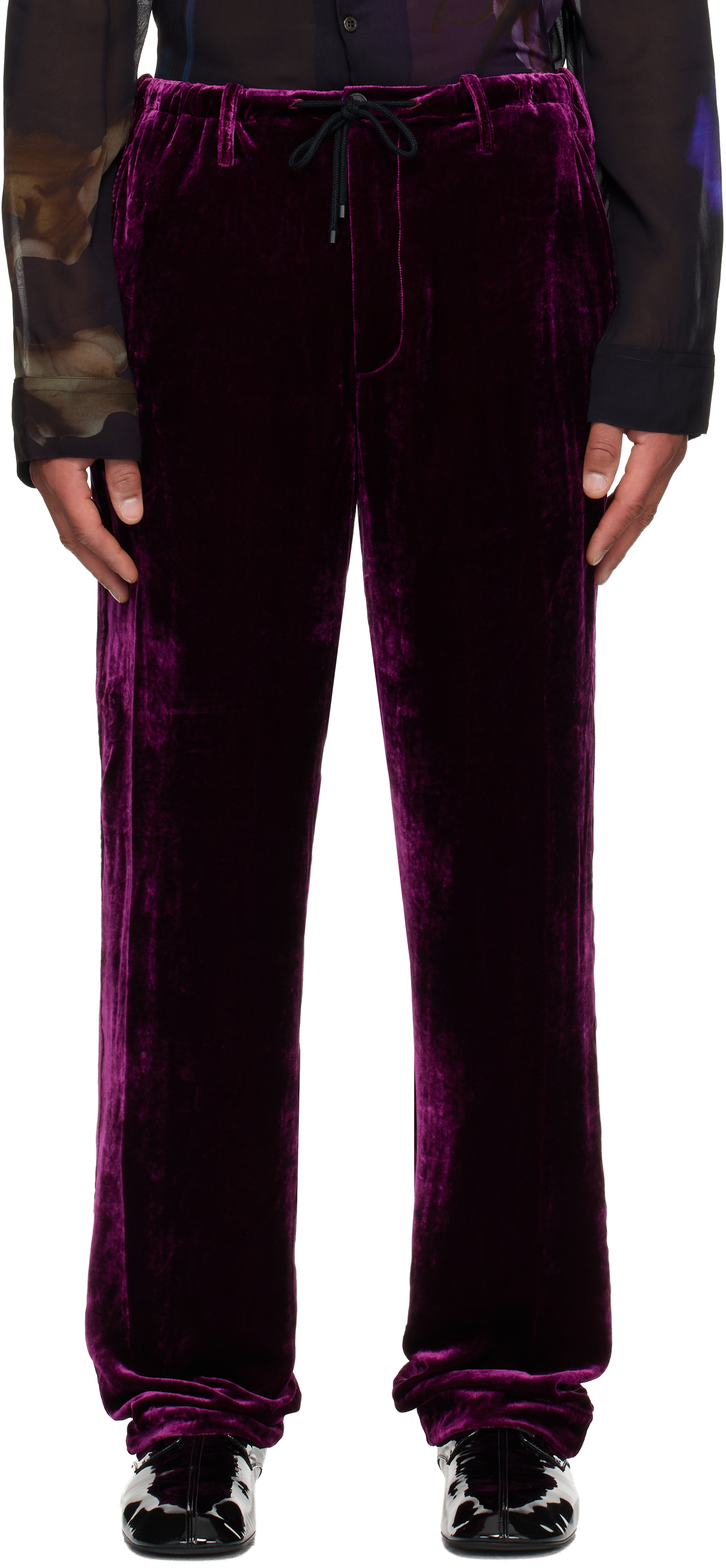 Dries Van Noten Purple Silk Velvet Trousers In Black