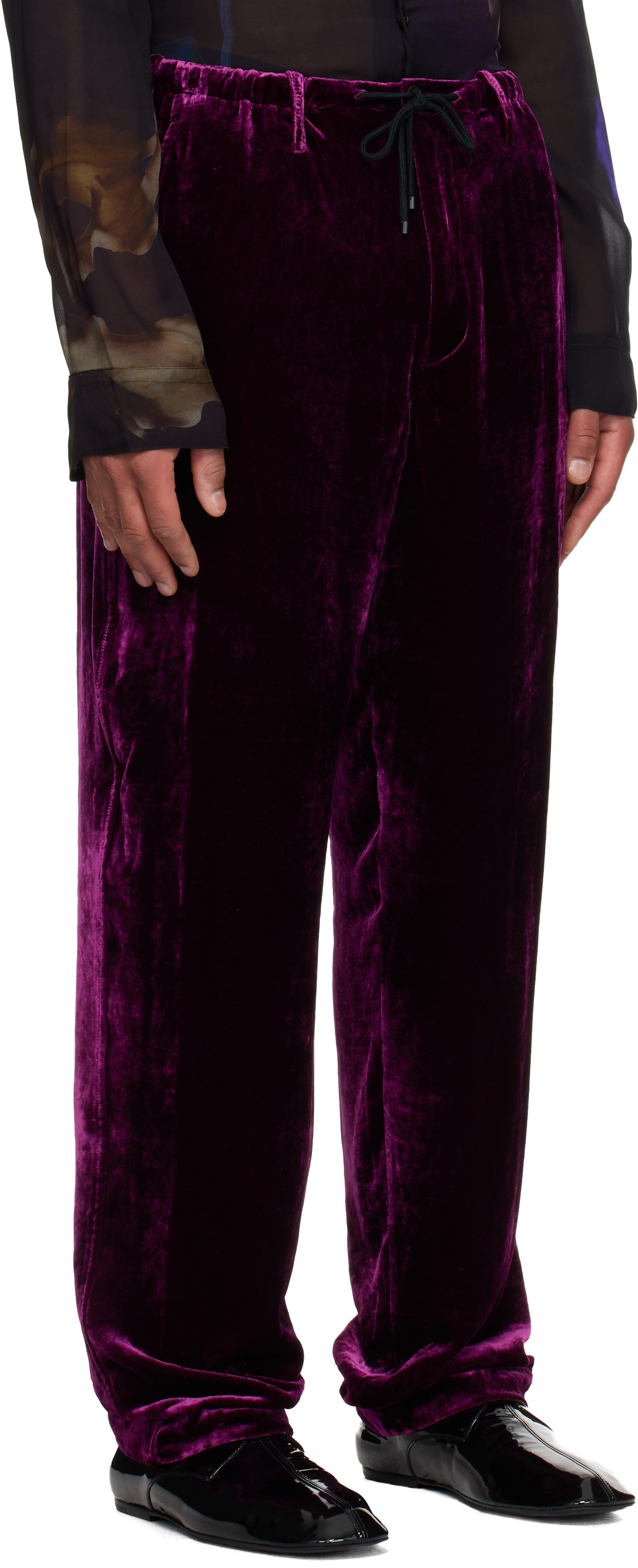 Dries Van Noten Purple Silk Velvet Trousers In Black