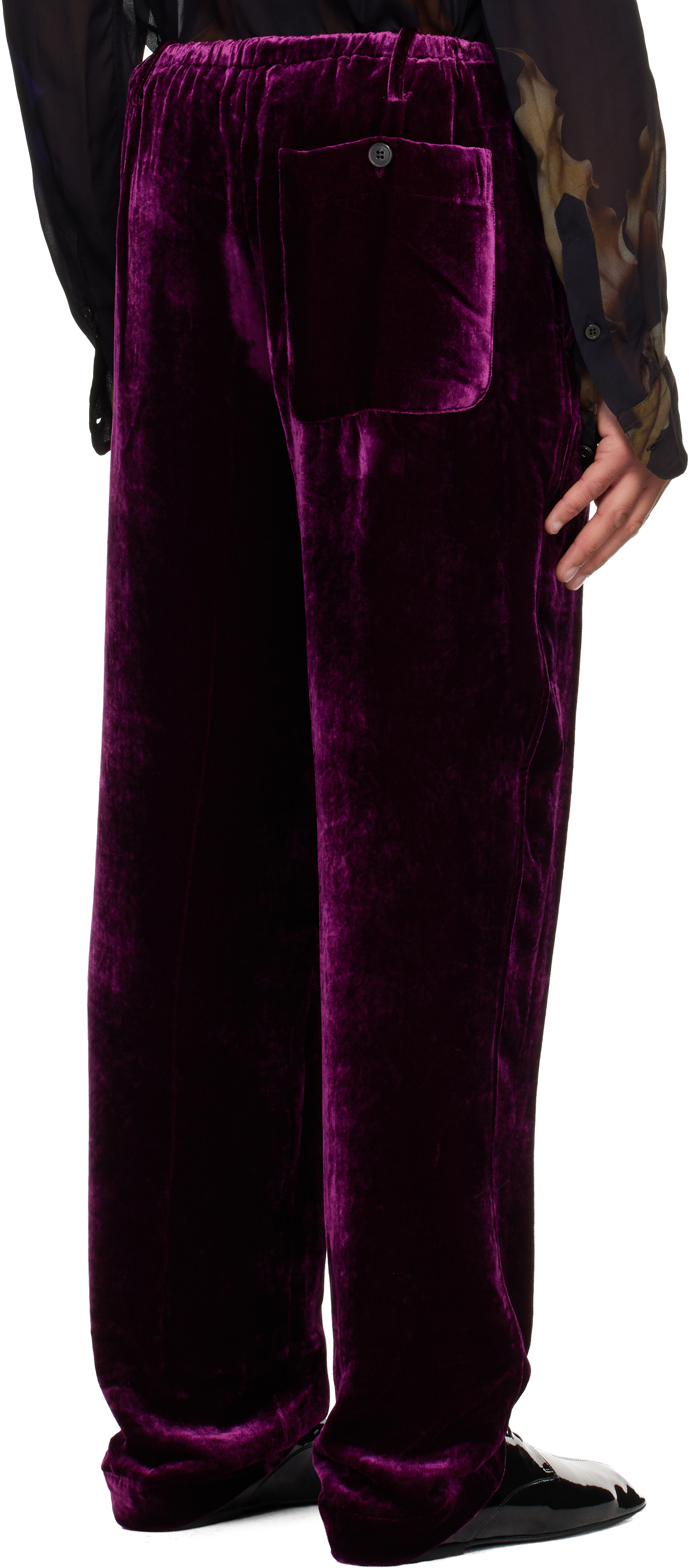 Dries Van Noten Purple Silk Velvet Trousers In Black