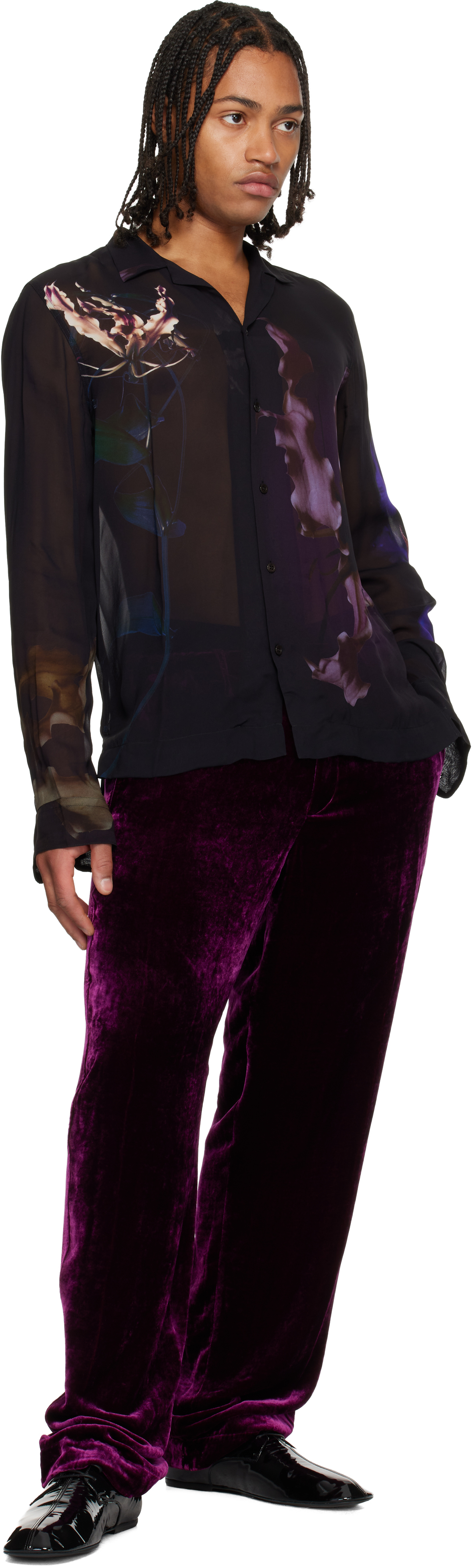 Dries Van Noten Purple Silk Velvet Trousers In Black