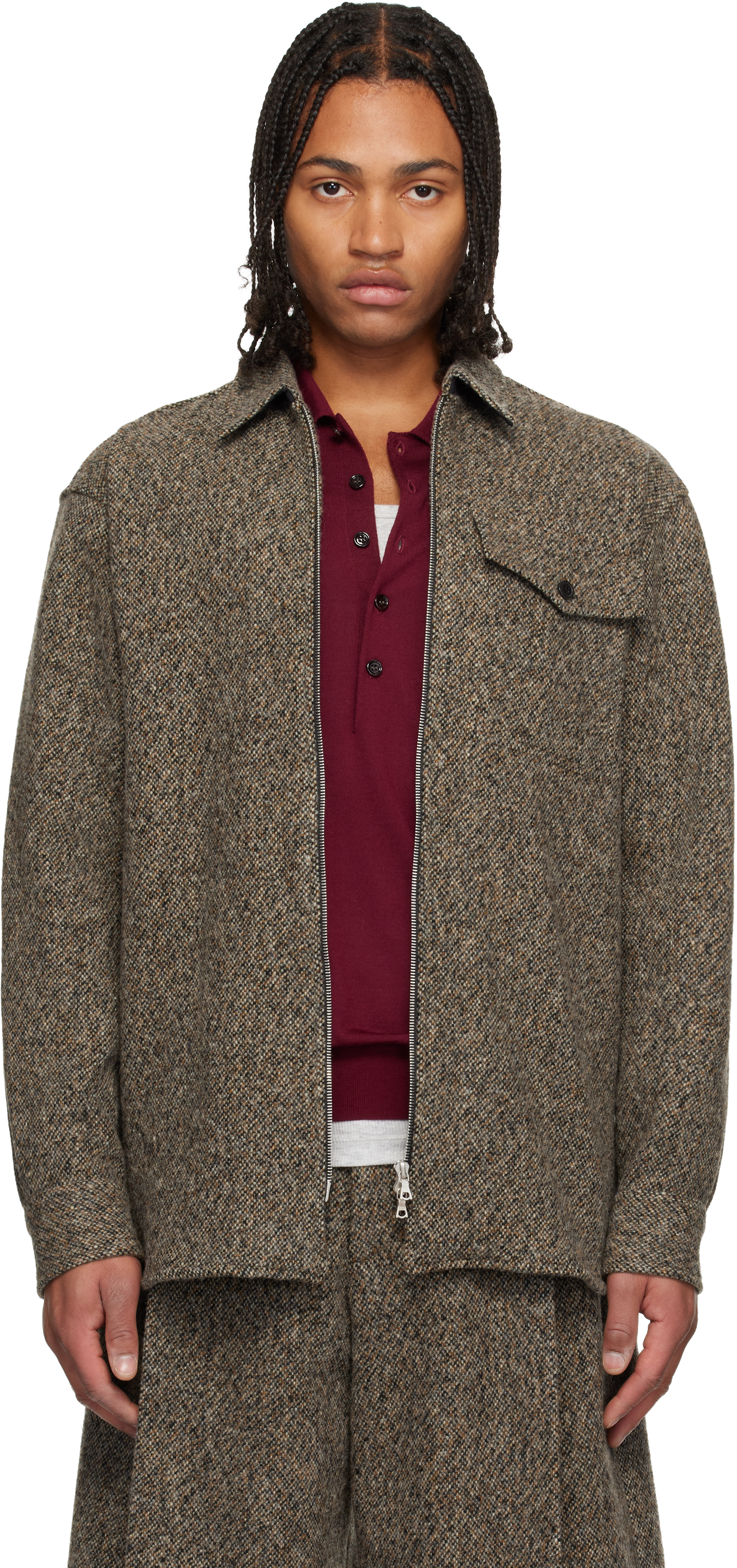 Dries Van Noten Beige Tweed Zipped Shirt In Brown