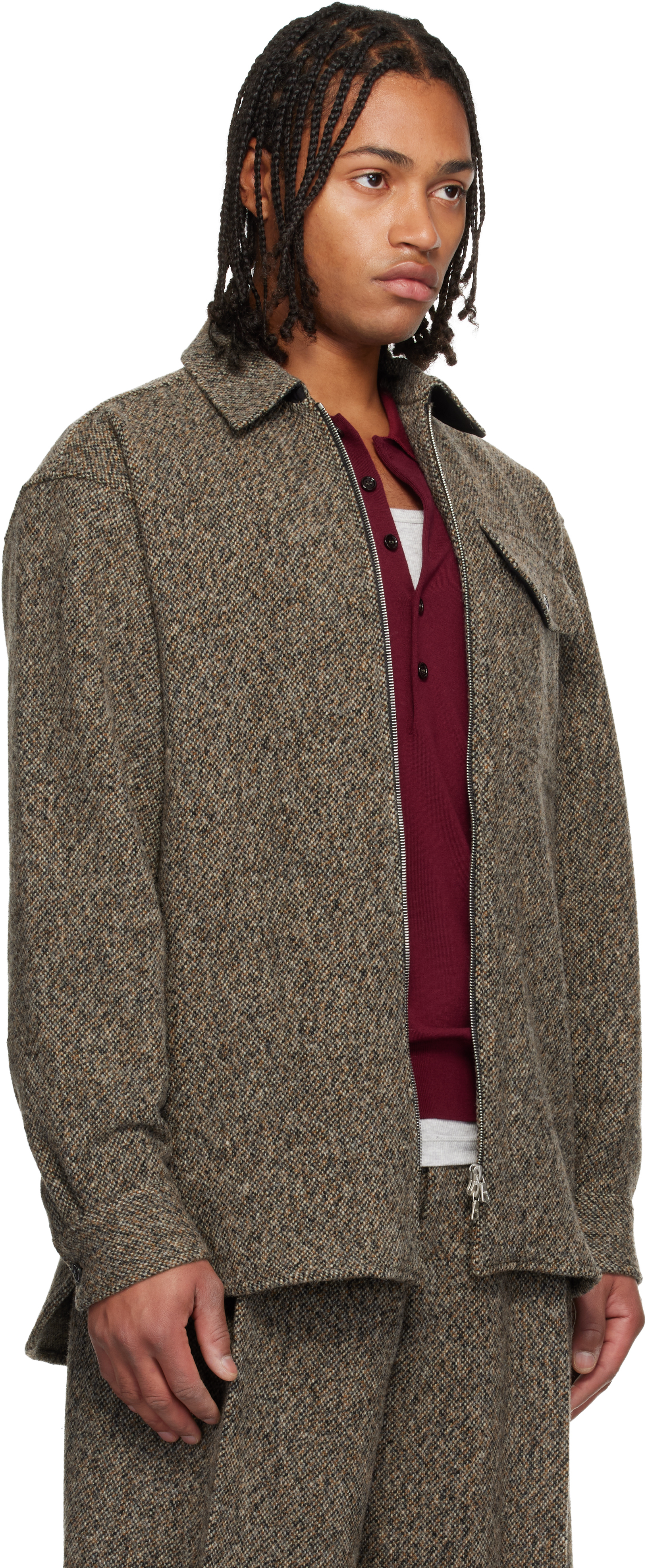 Dries Van Noten Beige Tweed Zipped Shirt In Brown