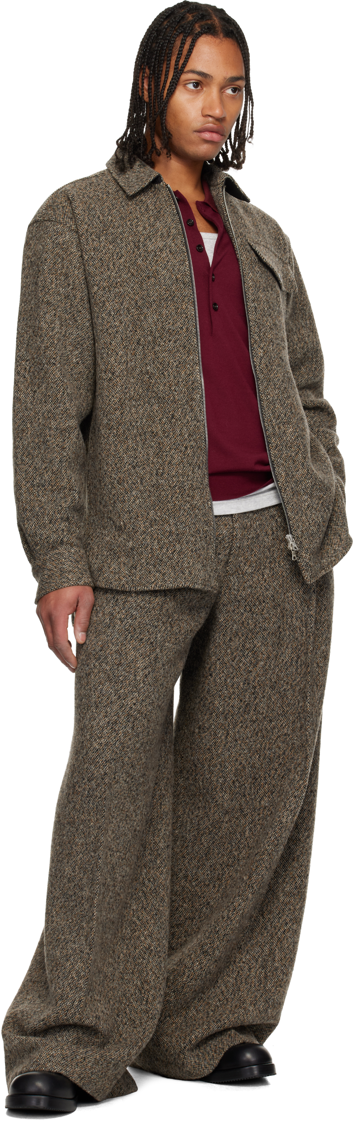 Dries Van Noten Beige Tweed Zipped Shirt In Brown