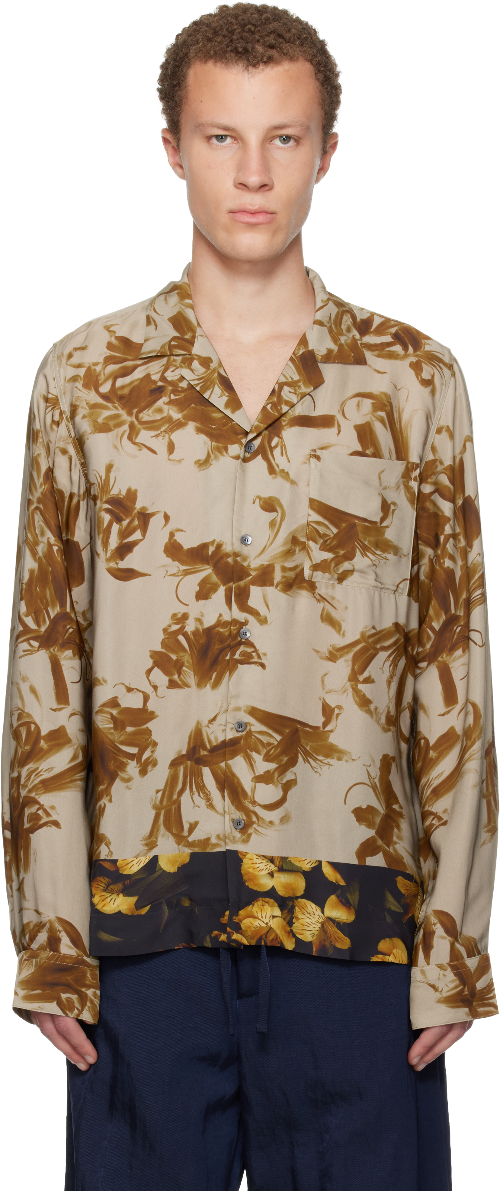 Dries Van Noten Beige Sateen Shirt In Multi