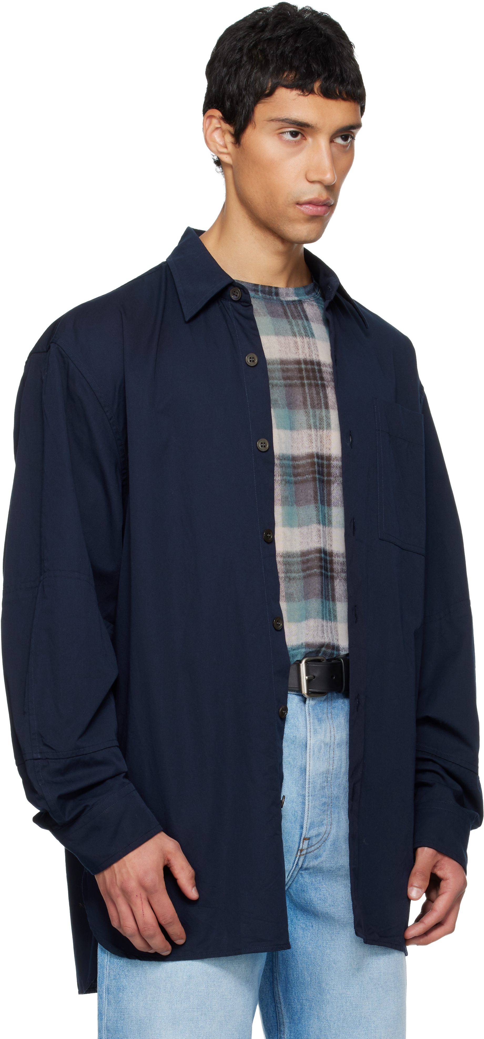 Dries Van Noten Navy Paneled Shirt In Blue