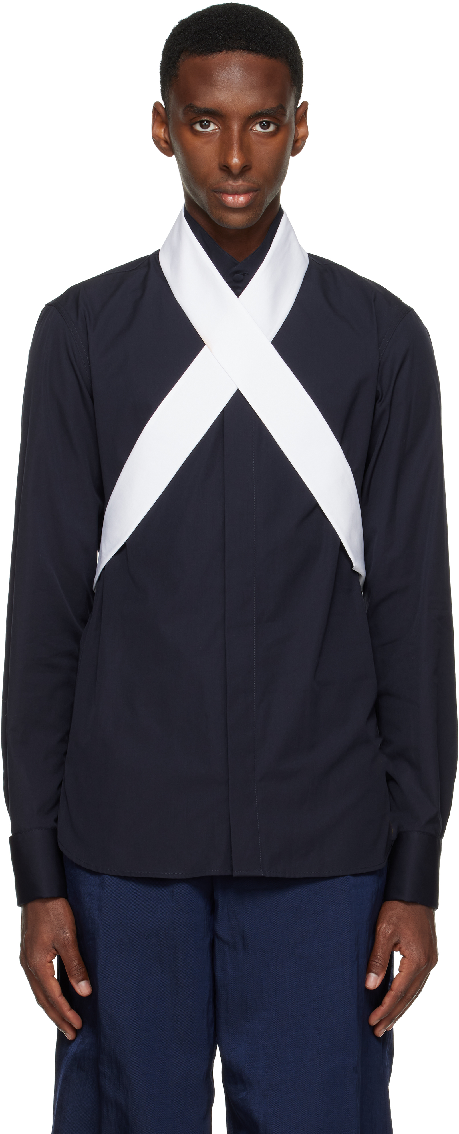 Dries Van Noten Navy Detachable Strap Shirt In Blue